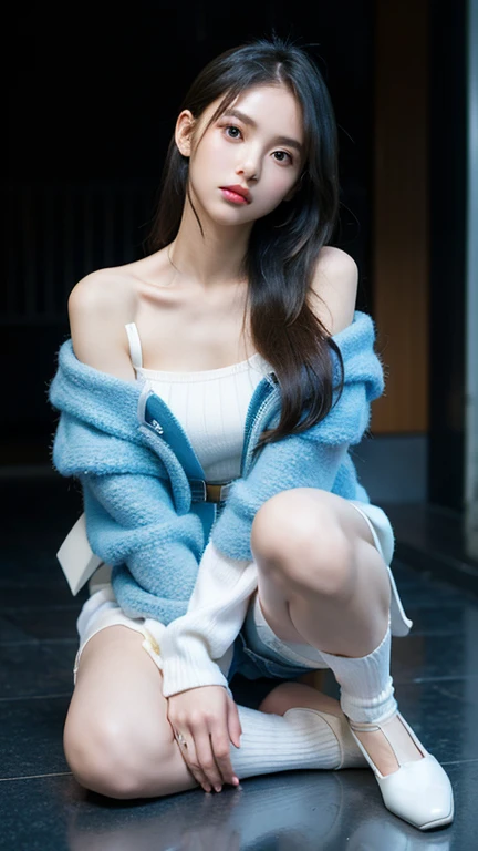 Arapei sat on the windowsill drinking coffee, sky-blue thick fur coat, sky-blue thick fur robes, blue skintight closed longcoat, Blue fur, full-body xianxia, Shiny soft fur, icey blue dress, pretty face with arms and legs, korean women's fashion model, tight light blue neopren suits