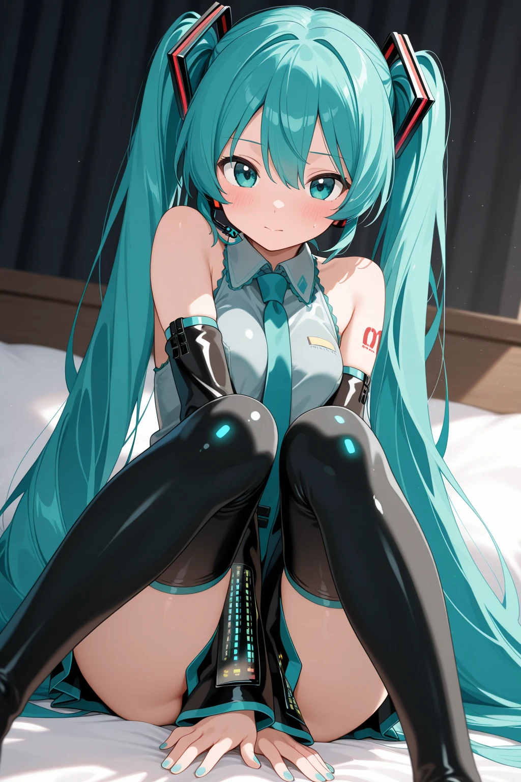 Hatsune Miku,Bodysuit,Spread your legs,From below,blush,shy,pant,Medium breasts