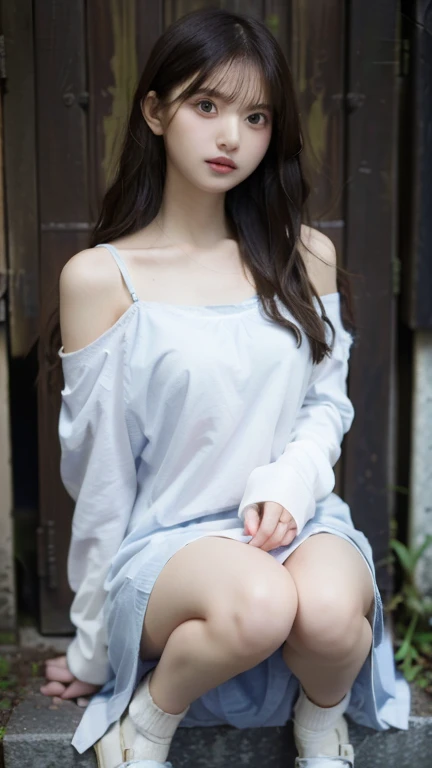 8K,Caucasian girl、Background Blur、super high quality、sunlight、Fair-skinned beautiful girl、、Young Breasts、Small breasts、Fleeting Expression、Clear contours、Adult atmosphere、high resolution skin、Fair and beautiful thighs、Young face、Innocent face、Hair tied up with hair accessories、Well-formed face、、Open your mouth、Wet lips、naked、、Healthy legs、Beautiful toes、美しいnakedの背中、、nude hip,nude legs,nude crotch、Showing off your inner thighs、Sit on a bench with your legs crossed、Off-the-shoulder short dress
