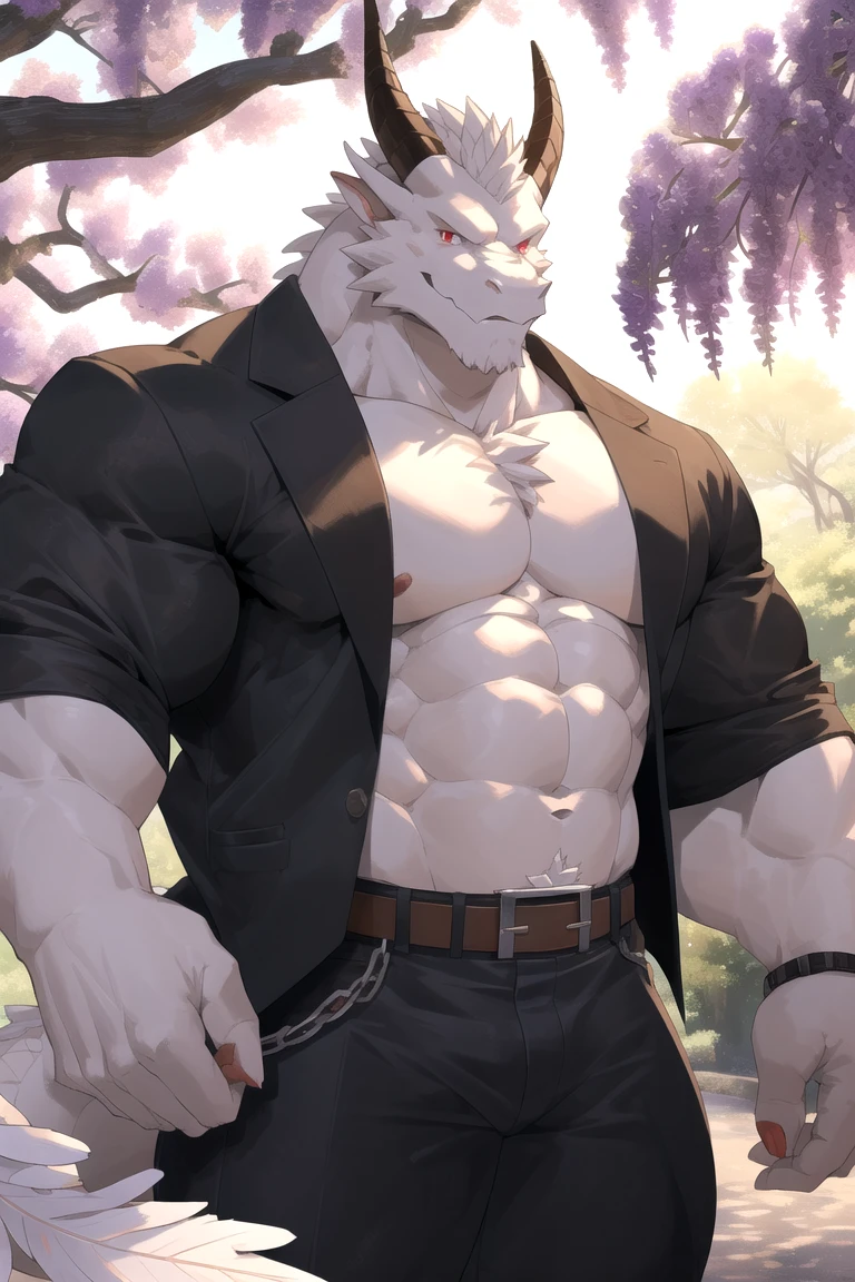 A wolf sitting on a bench in the rain with his hands on his knees, SFW, Sexybody, anthropomorphic, extra detailed body, detailed body, Best quality, masterpiece, ultra high res,detailed background,realistic, real shadow and light,depth of field, (View from beside ), details skin, fluffy, confident face, bad boy, sweaty, wet body, raining, spring, flowers, wolf, fluffy chest, Sixpack, muscular, topless, huge scar on his body, big crotch.