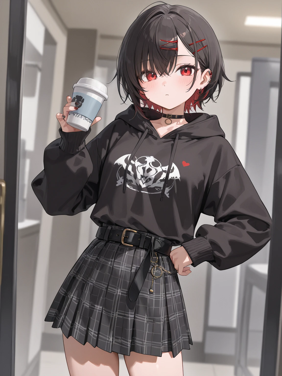 detailed light,((cinematic lighting)),very detailed eyes,(masterpiece), best quality,masterpiece,beautiful face, ultra detailed, highres,(light rays),best quality,
<lora:ophelia_-lora:1>,((shortstack:1.5)),nude, (skindentation:1.5), naughty face, aroused, cross, cross choker,
gothic outfit, ophelia, 1girl, solo, looking at viewer, blush, smile, simple background, shirt, long sleeves, white background, heart, cowboy shot, necktie, shorts, hairclip, striped, belt, off shoulder, speech bubble, english text, coat, short shorts, denim, denim shorts