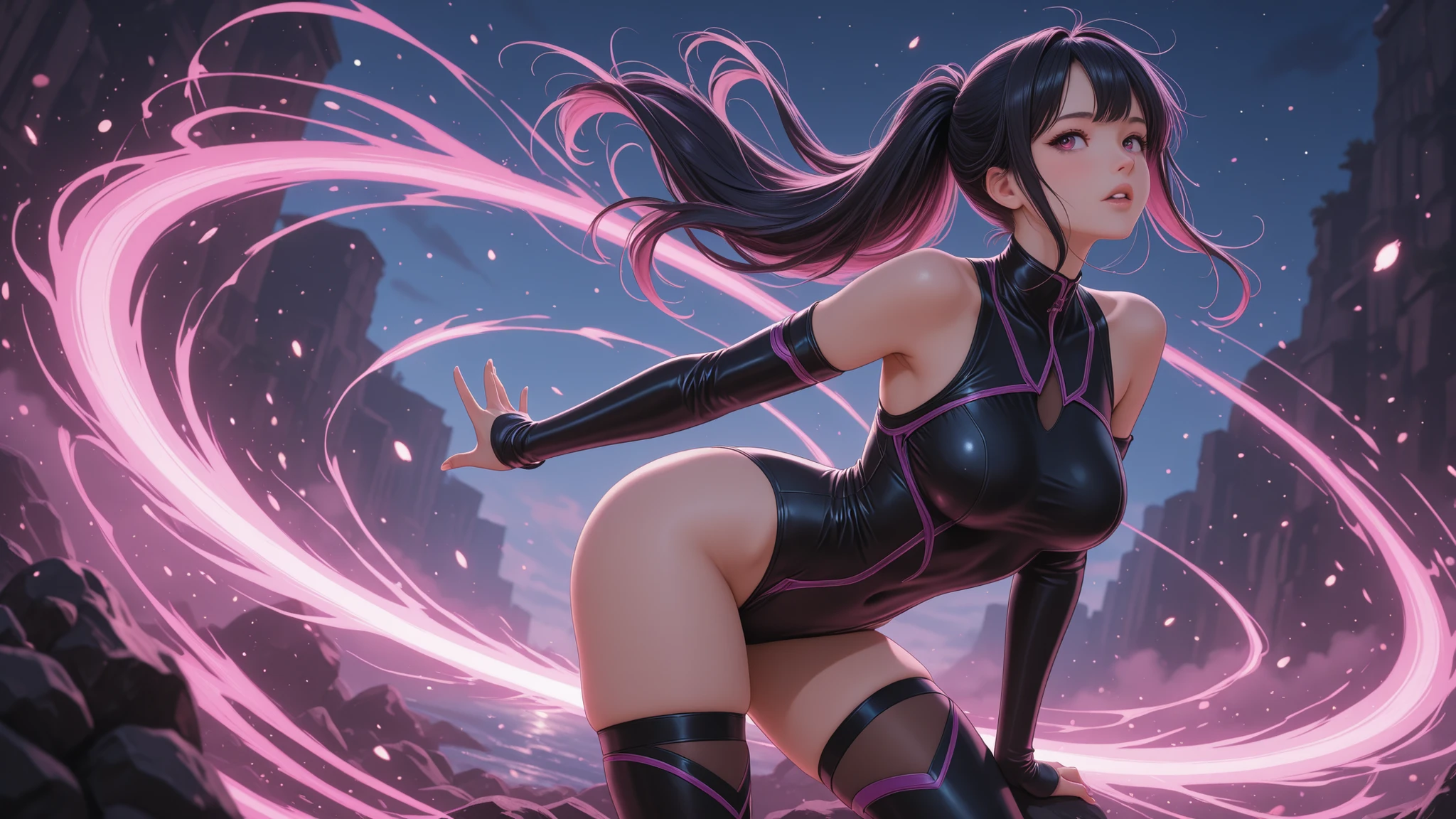 tifa, from behind, side pose, mass effect cyberpunk, spandex purple sheer officer uniform suit, holding pistol in hand, looking at camera, futuristic, glitch effect, big ass, sexy, on spaceship, neon lights in purple clothes, armor, pants (masterpiece), outer space background, (best quality), 8k resolution, ultra-detailed, rear shot, hyper-detailed, realistic, (1girl), cinematic, black hair, D cup, perfect body, galactic font, graffiti style