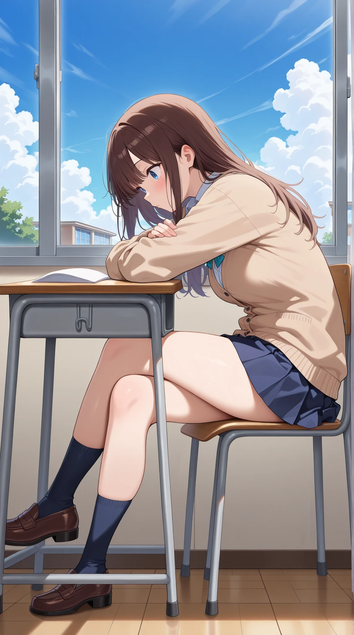 debris flieasterpiece、highest quality、Super detailed、High resolution、High resolution、8K portrait、Unity 8k壁紙のHigh resolutionCG、unity 8k wallpaper、cute:1.5、:1.5、Highly detailed CG unity 8k wallpaper、realistic、real person、cute、 portrait photography、shiny skin、High resolution、brown semi-long hair、(16 years old:1.2)、(1 girl)、(classroom:1.6)、(school uniform),perfect face, seriously, (blush:1.5),(((clothing lift:1.5))), (medium chest:0.8), Detailed description vagina,show vagina,spread legs,spread ,((vaginal orgasm:1.5))
