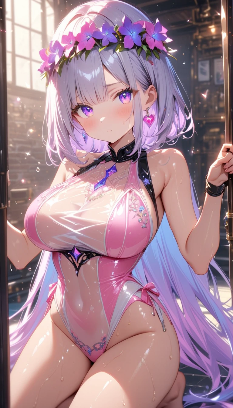 Best quality, masterpiece, ultra high res, (photorealistic:1.4), raw photo, aesthetics and atmosphere, dark shot, film grain, soft focus, bokeh, night shot, masterpiece realistic volumetric light,,1girl, purple eyes, white hair, curly hair, smirk, (freckles:0.8), thigh, medium breasts, upper body, (sparkly:1.3) sequins long cns dress, ray tracing reflection, desert street, path, city lights, incredible sky, relying on the wall, from side,