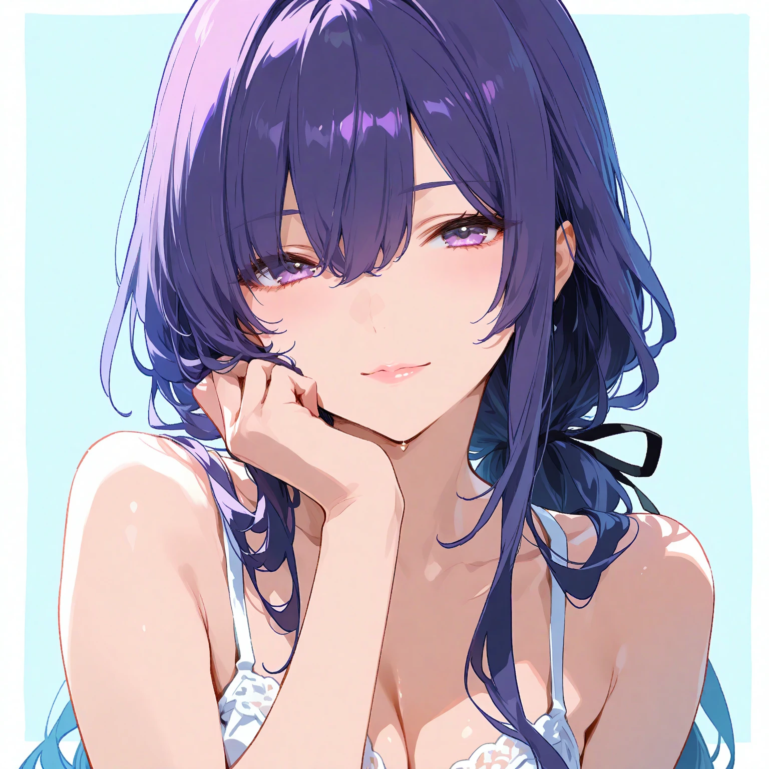 1 girl,Solo,medium hair,face focus,masterpiece, best quality, very aesthetic, absurdres,arms,face,hands,purple and blue,two tone color,v_arms,breasts,hand_between_legs,Bikini,Cleavage,medium hair,side-tie_bikini_bottom,