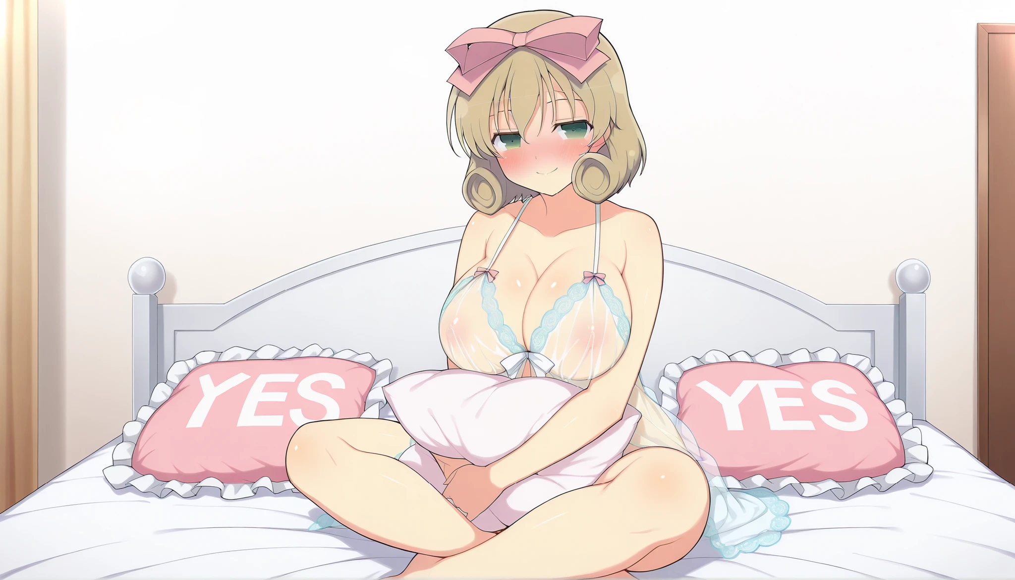 (extremely detaild的 CG unified 8k wallpapers),(tmasterpiece), (Best quality), (ultra - detailed), (Best Best Illustration),(The best shadow),White transparent bikini,being caught,Pressed to bed,Lie down in bed,arms back behind,A loving expression,Spread your legs apart,lift one thigh