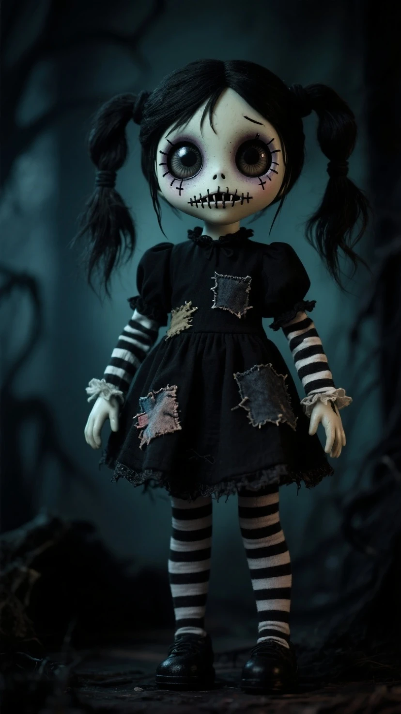 (knitted toy voodoo doll:1.7), (Voodoo Doll in an Addams Family Setting:1.3), (Clothing: gothic attire with a spider web pattern:1.0), (Accessories: enchanted skull emitting a spooky glow, floating haunted objects:1.1), (background: eerie mansion with cobwebs, creepy decor, and an atmosphere of dark humor:1.2), best quality, masterpiece, detailed soft oil painting, detailed background, dramatic cinematic lighting, soft edge lighting, professional, dramatic lighting, hard edge lighting, ultra quality, 4k, masterpiece, best quality, 8k, ultra high definition, high resolution, extremely detailed