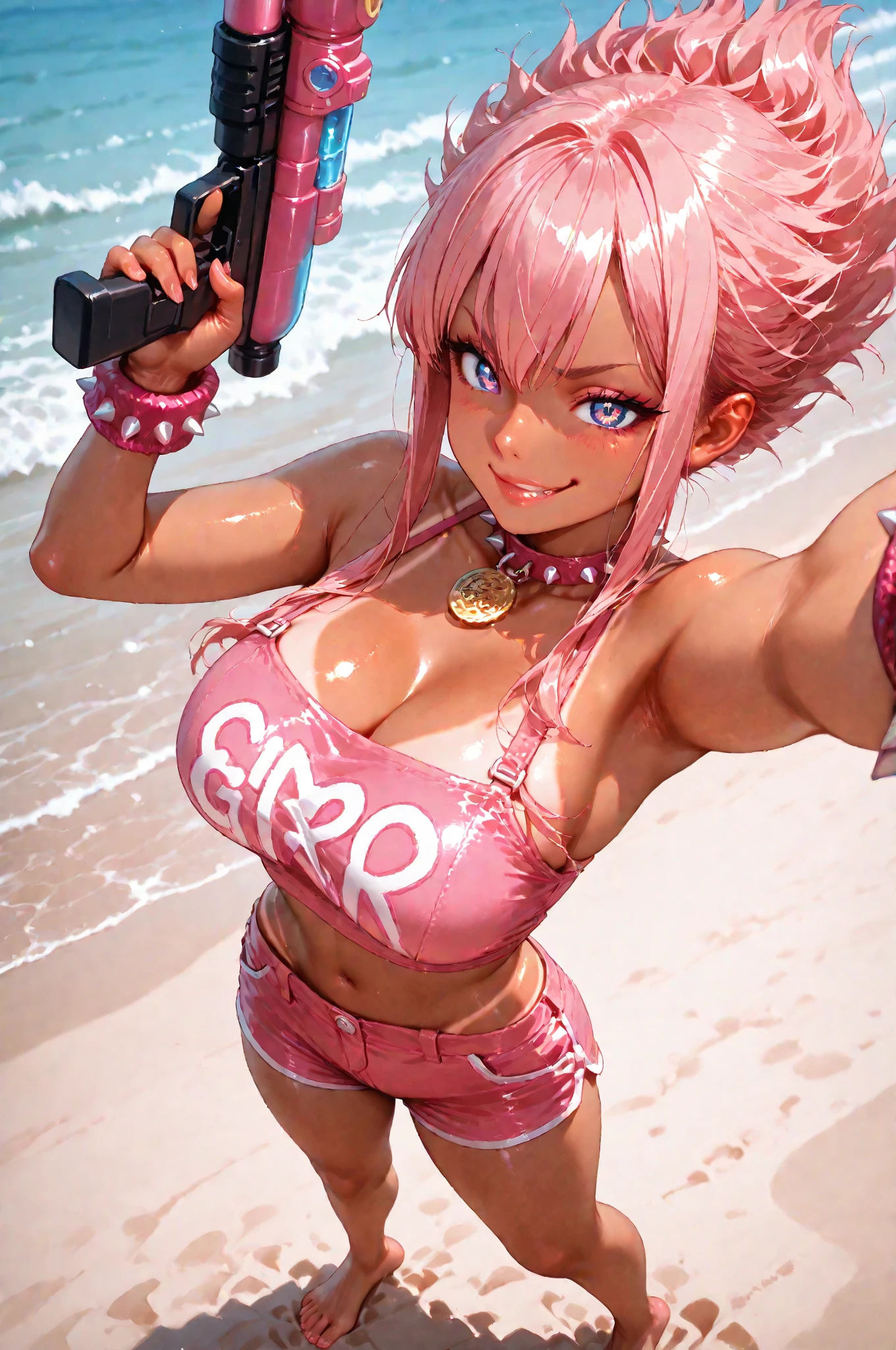 (masterpiece, best quality:1.2), 1girl, solo, standing split, pink hair, silver bikini, huge cleavage, on the beach, green eyes,girl