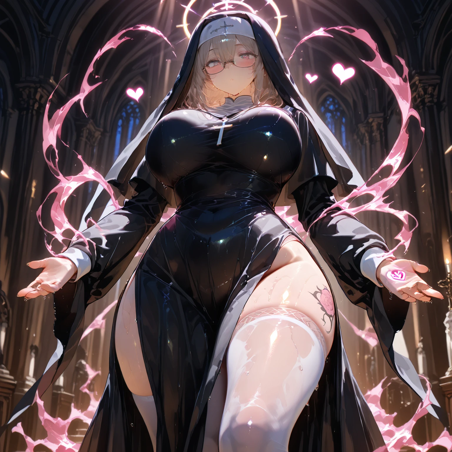 Masterpiece, best quality, ((((Solo)))) Girl with long pink hair, facing camera, (pink eyes), large chest, ((wearing a nun outfit)), (((wide hips and big boobs))) curvy physique, cleavage, dark night outside, under a moon, stone pillars, beautiful eyes, perfect hands, (full lips), ((sexy dress)), wearing silver jewelry, ((sexy pose)), hands on chest, dark forest, stockings, ((mature woman)), beautiful legs, demon horns