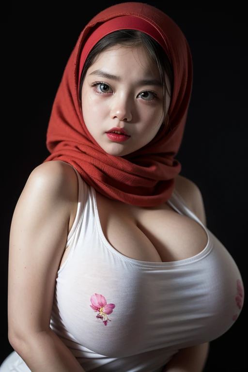 ((Red Lips)), Jumbo (Red Strapless), Chubby adorable, 1 girl, (face to face), , ((baby face)), (angry face expression:1.37), half body portrait, (face details: 1), (eye details: 1), ((big breasts:1.35)). wearing transparent transparency soft long shirt, hijab, .. Cute posed. proportional body. Ultra High Res. realistic: 1.4, UHD, ((red colours)), ((Bigger:2.3)), (((DARK BACKGROUND)))