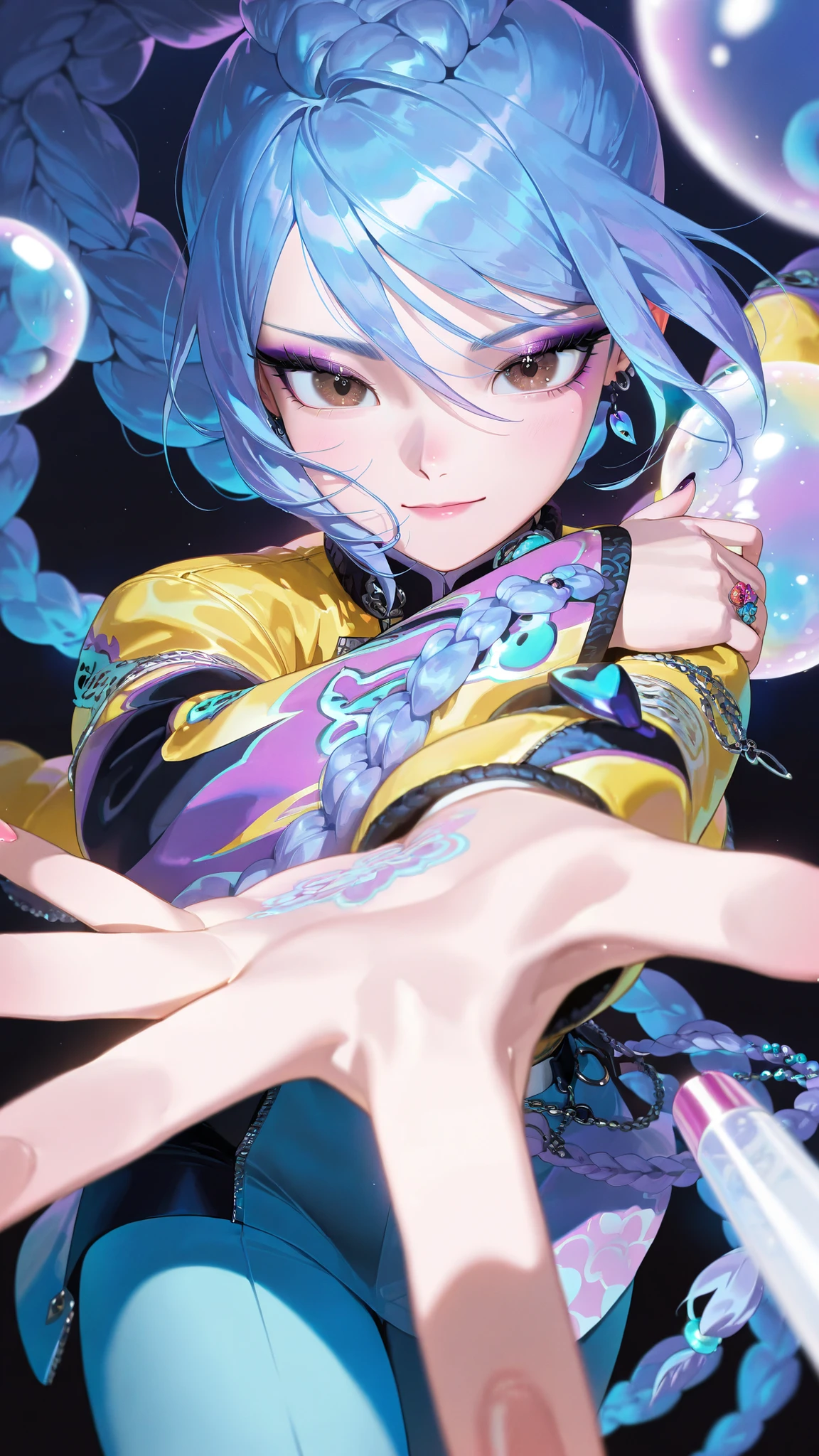 Rumi (Kpop Demon Hunters)long lilac hair, hair tied in a braid, It's a high braided ponytail-with thick, voluminous strands in a "bubble braid",fair skin, korean makeup, brown eyes, outfit with accessories,yellow jacket