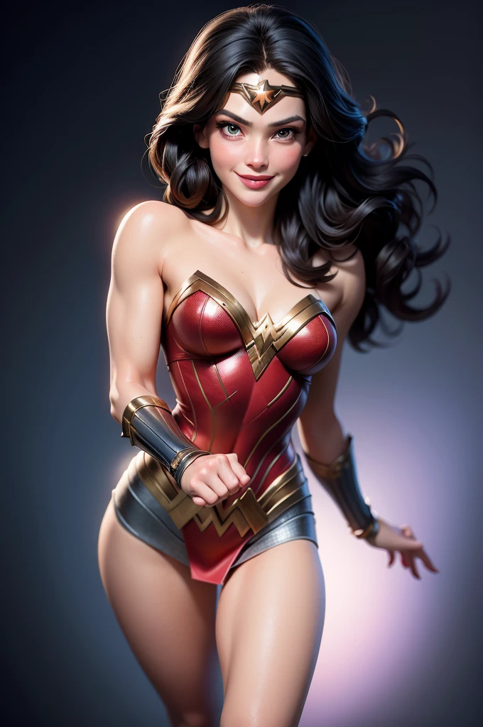 Wonder woman, Portrait photo by Altgarm, realism style, Glowing skin, Cartoon hero, Natural light, Defined lips, Strong physical strength, Feminine body, Full body, viewer, (Smile:1.2), Depth of field f/1.8, studio shot, (((looking in camera))), Camera orientation, ellen von unwerth, (Sexy Pose:1.5)