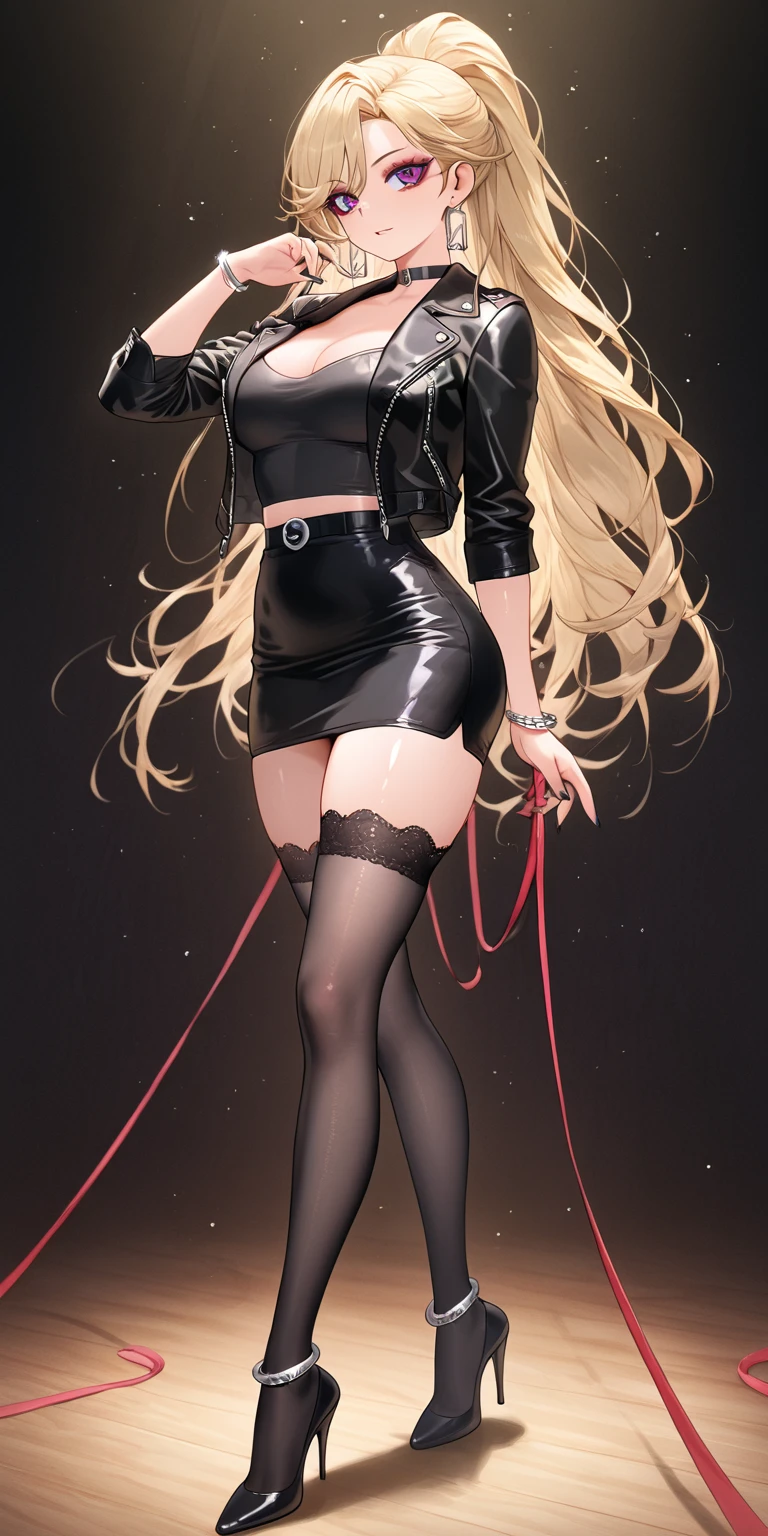 black pencil skirt, black long sleeve top, only the navel,Put your hands behind your back,restraints, blonde hair, Very long hair, straight hair, Cute, slender body, thin legs, Black thigh high stockings, Nylon stockings, hands in black leather handcuffs, hands, Connected by a chain, amrs togather, masochistic, whole body, on the knees, leather handcuffs, tattoo on the legs, large collar around the neck, 18 years, long eyelashes, mascara, cute face, butt up head down, hands behind your back, on the knees, submissive look, on a leash, Pale face, bright lips