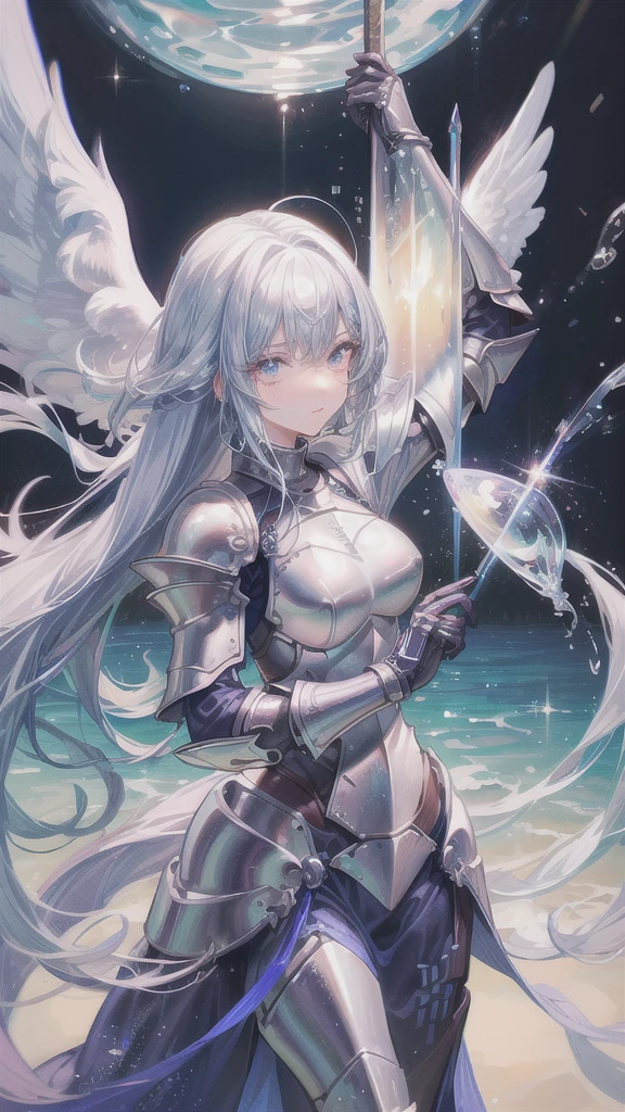 (((highest quality、masterpiece、normal body、8k、detailed face、ultra precision、normal hand、normal finger、5This finger、supreme)))female hero、blonde、Silver Breastplate、Racy blue leotard、white pareo、Shiny Holy Sword、slave collar、Shattered armor、tattered armor、broken armor、Torn armor