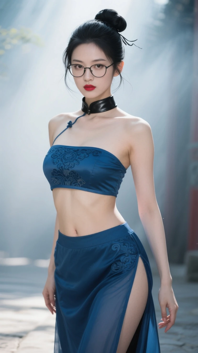 (Extremely normal body:2.0)Stage,spotlight lights:1 Elf beauty,White crop top top,(Elf long ears),Light blue ultra-short hair,A bun,Blue-lace-trimmed maxi dress),Long blue dress,The skirt that reaches the feet,White short stockings,Mary Jane low heels,two longer legs,Normal feet , very detailed eyes and faces, Sharp pupils, realistic pupil, tack sharp focus, cinmatic lighting,full bodyesbian,Bigboobs,long leges,From the front side,dynamicposes,Normal posture,closeup of face
