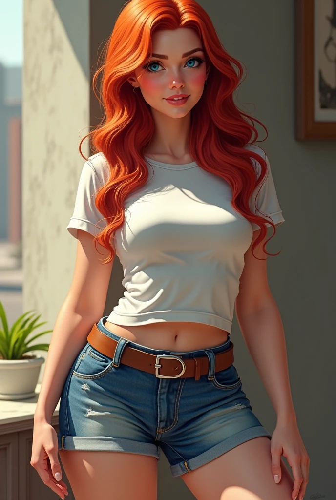 Sexy and pretty young girl, long haired redhead with blue eyes, Short white off-the-shoulder shirt, bright blue short jean shorts, mirada happy, happy, short brown boots, showing breasts, naked breasts, shirt up, takes off his shirt