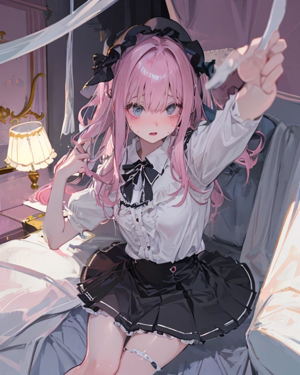 masutepiece, Highest Quality, (Perfect face:1.1), (high detailing:1.1), (ultradetailed eyes), Dramatic, superfine illustration, Extremely detailed,1girl in, teenager,(pale skin), Happy, Laugh, Enjoy,Open mouth,gloweyes,pinkhair,straight hair,Ethereal eyes, pink eye,blush, Solo,Pouty lips,Cinematic lighting, upper body,looking up, leaning forward,Long sleeve, Gothic lolita, frilld, bow ribbon,knee high socks,indoor