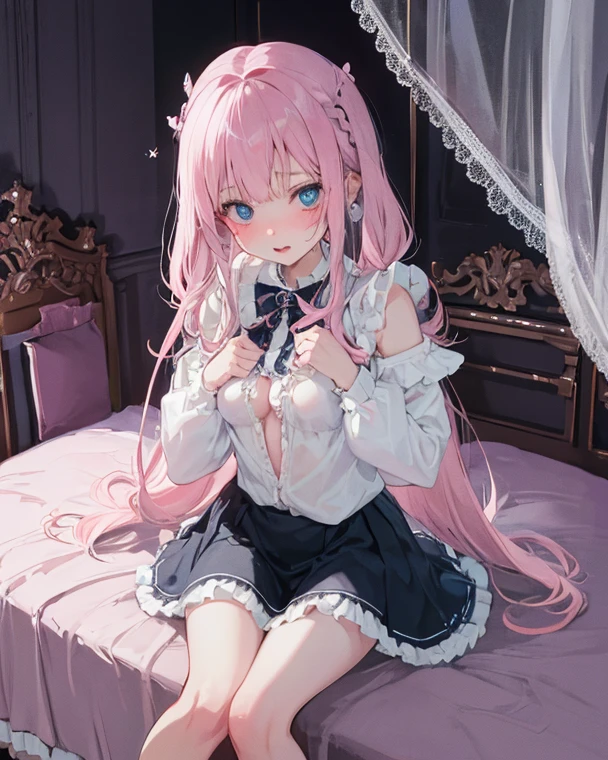 ((Best Quality)), (Masterpiece: 1.2), (Delicate Beautiful Girl), Illustration, 1 girl, pink hair, very long hair, blue eyes, white shirt, skirt, looking at the audience, room, sofa, red wine,