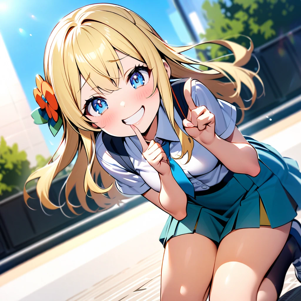 (masterpiece:1.3, Highest quality, Ultra-high resolution, Very detailed), (Realistic:1.1, photoRealistic:1.4), Beautiful illustrations, Perfect lighting, colorful, Written boundary depth, Beautiful detailsまでこだわった髪, Beautifully detailed face, Beautiful details, Beautiful clavicle, Beautiful body, Beautiful breasts, Beautiful thighs, Beautiful feet, Beautiful fingers, View your viewers, 1 girl, Japanese, high school girl, Perfect Face, (Perfect ???????, Anatomically correct), Cute and symmetrical face, Baby Face, Sunburn, Glowing Skin, (Mid-length hair:1.5, Twin tails:1.2, blonde), Asymmetrical bangs, blue eyes, Long eyelashes, (Mid-chest), thin, ((Collared short-sleeved shirt, Light blue shirt, , Grey plaid pleated skirt, To the Navy)), No pants, (Beautiful views), evening, (Outdoor, distant cityscape), Are standing, (peace sign), (Cute Smile, blush、Upward glance, Open your mouth), (????? spurts out of the wide open vagina:1.4),