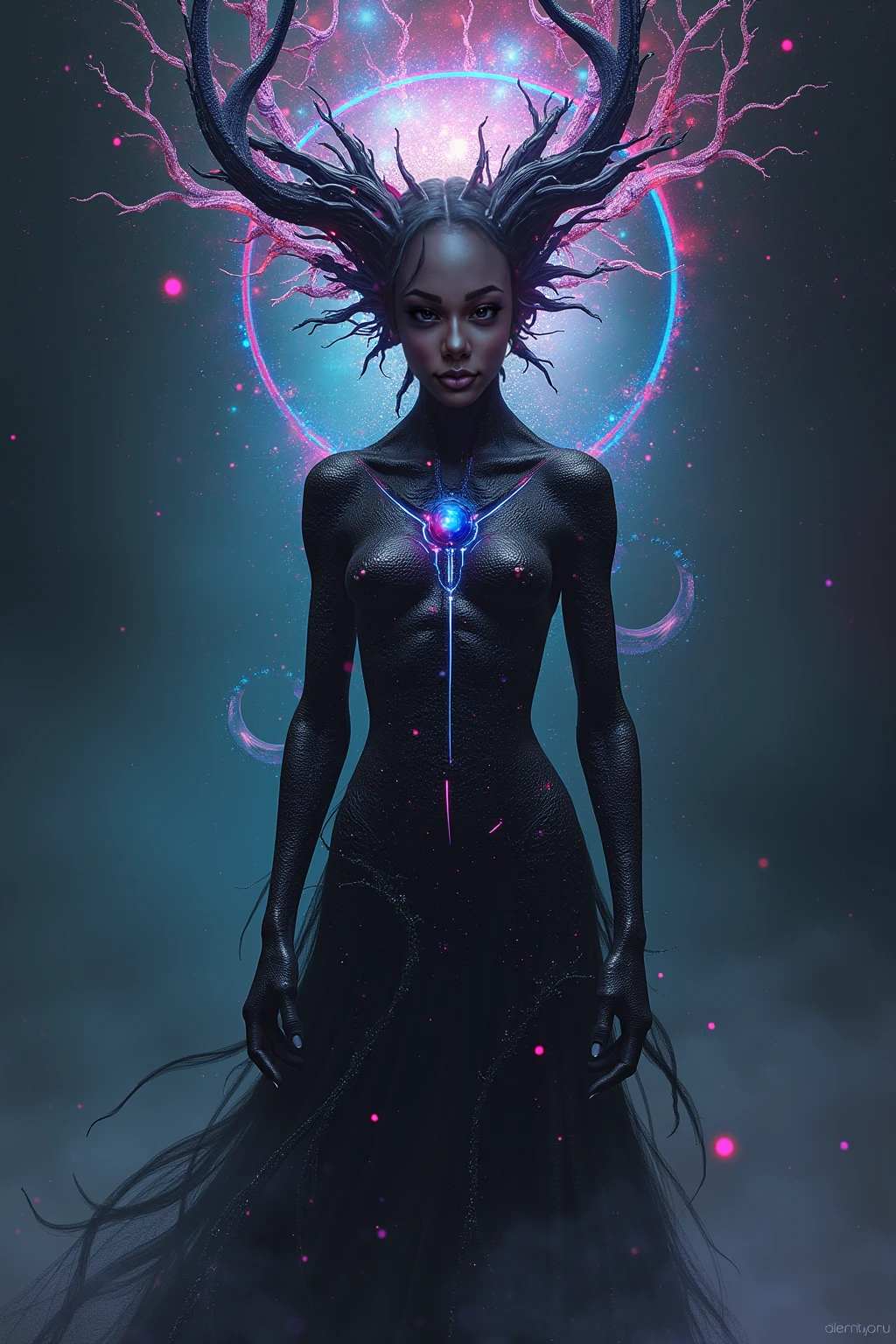 For the revision of Adlorye&#39;s intangible form with a slight humanoid shape, Here are the updated details:

### 1. **Form Tidak Berwujud (Nevba)**

1. **Cosmic Dimension**:
   - **Background**: Cosmic with galaxies, nebula, and dynamic energy effects.

2. **Appearance**:
   - **Form**: Although not fully human in shape, Adlorye in this form has few humanoid features.. Formnya bisa menyerupai siluet manusia yang dibuat dari energi atau kabut kosmik dengan bentuk kepala, torso, and vague body parts. 
   - **color**: Use cosmic colors like purple, blue, and black mixed with soft light, gives the impression of distortion and instability.

3. **expression dan Aura**:
   - **expression**: Expressive features can be shown through changes in patterns or light in the face and head area..
   - **Aura**: Add a blending and dynamic cosmic aura around the humanoid form., with moving light effects and visual distortions.

### 2. **Form Fisik (Handsome man)**

1. **Cosmic Dimension**:
   - **Background**: Cosmic and elegant, such as galaxies or soft nebulae.

2. **Appearance**:
   - **Hair**: Long and tied back like Eren Yeager, with deep black color and fine luster.
   - **eye**: Dark almost black, with transparent sunglasses.
   - **clothes**: Dark formal suit with cosmic accents, including matching tie.

3. **expression dan Aura**:
   - **expression**: Cold but soft, with a calm gaze or a faint smile.
   - **Aura**: Soft and elegant, with a subtle glow around her body.

**Visualization Example**:
1. **Form Tidak Berwujud**:
   - Describes Adlorye as a cosmic entity with vaguely humanoid features., with visual distortions and a dynamic cosmic aura.

2. **Form Fisik**:
   - Describe Adlorye as a handsome man with long hair tied back., mengenakan setelan jas formal with transparent sunglasses, in the cosmic background