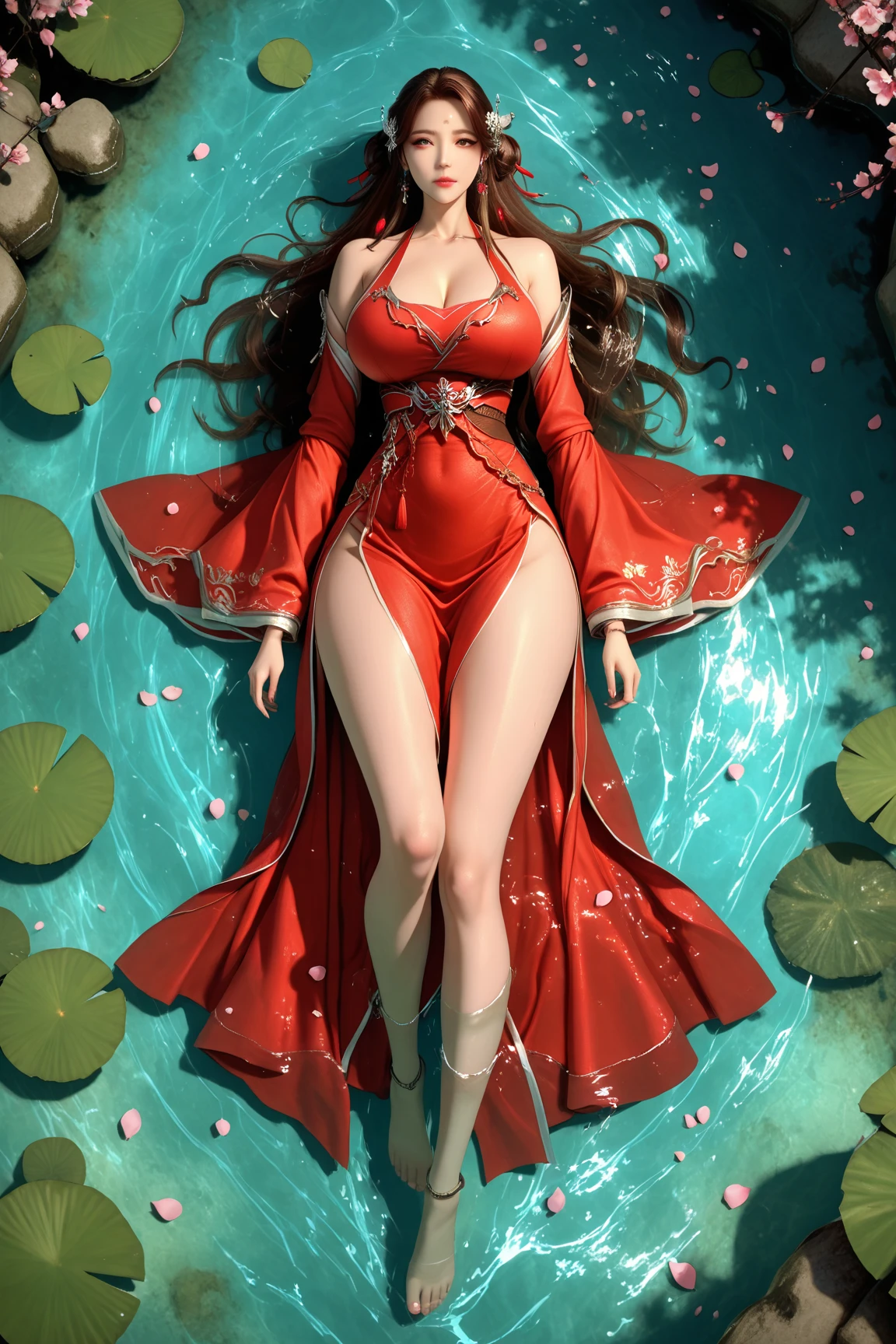 A girl lying on the bed under the stars, delicate smile, beautiful delicate eyes, beautiful delicate lips, extremely attractive nose, delicate face and eyes, long eyelashes, sexy body, wearing gorgeous white skirt, flowing hair, best picture quality, famous works, ultra high resolution, (realistic :1.4), RAW photos, (Beautiful face :1.2), (Lying on the water :1.5), 1 girl, (Surreal), (8K), (4K), physical rendering, starry sky, ((full body shot)), barefoot, cross-legged, wearing a dress, long skirt