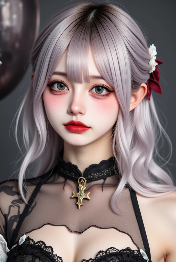 (masutepiece, Best Quality, Cute detailed wallpapers), (hight resolution, Ultra-detailed, Beautiful), (masutepiece, Best Quality), the illustration is detailed, Many decorations, Upper body, From above, One female, 18 years old, Glowing red eyes, silver white hair, (, Two-tone mesh hair) Black sweater with open chest, Two horns, Devil's Tail, Demon Costume、kawaii pose、