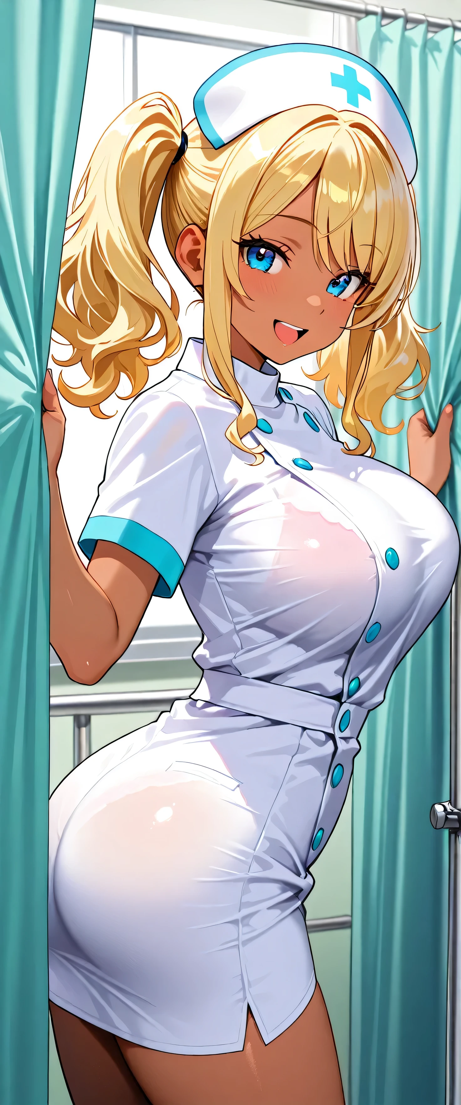 ((masterpiece)),(((best quality))),((character design sheet)),((rough sketch)),((vulgar)),thick thighs,african girl,blond hair,big ,((between breasts)),pussy juice,wearing an Wet sexual nurse uniforms and nurse cap,shirt harf lift,milking