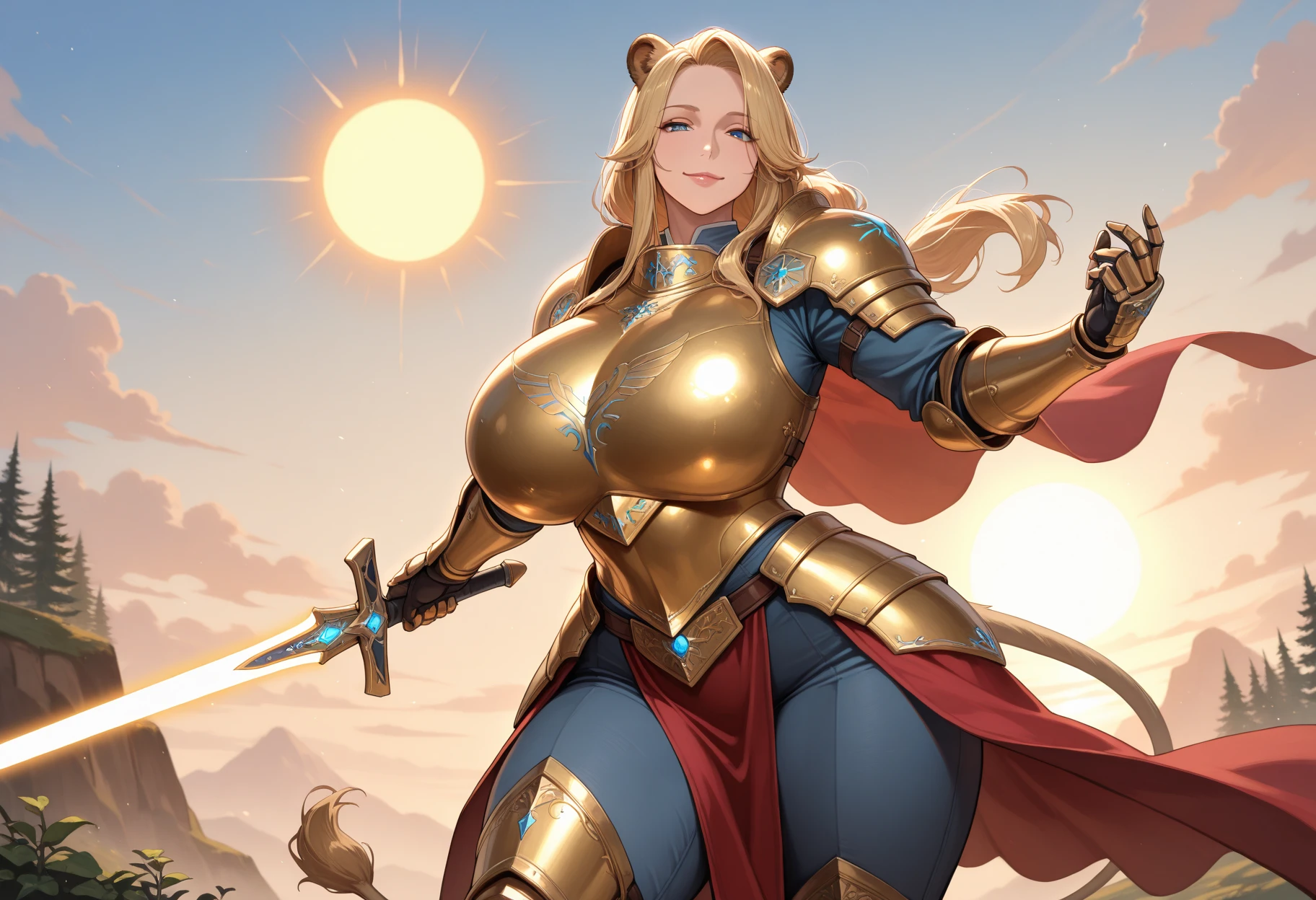 Cartoon drawing of a milf knight with glasses, lioness face, haired goddess, big tits, SFW BIG BREAST!, knight, knight with big breasts, Big breasts, thicc, heroic, full body, close-up view, sword goddess, cartoon style, comic, art GTA 5, glorious armor, dragon knight, sword goddess, cartoon art style,  GTA 5 Artr
