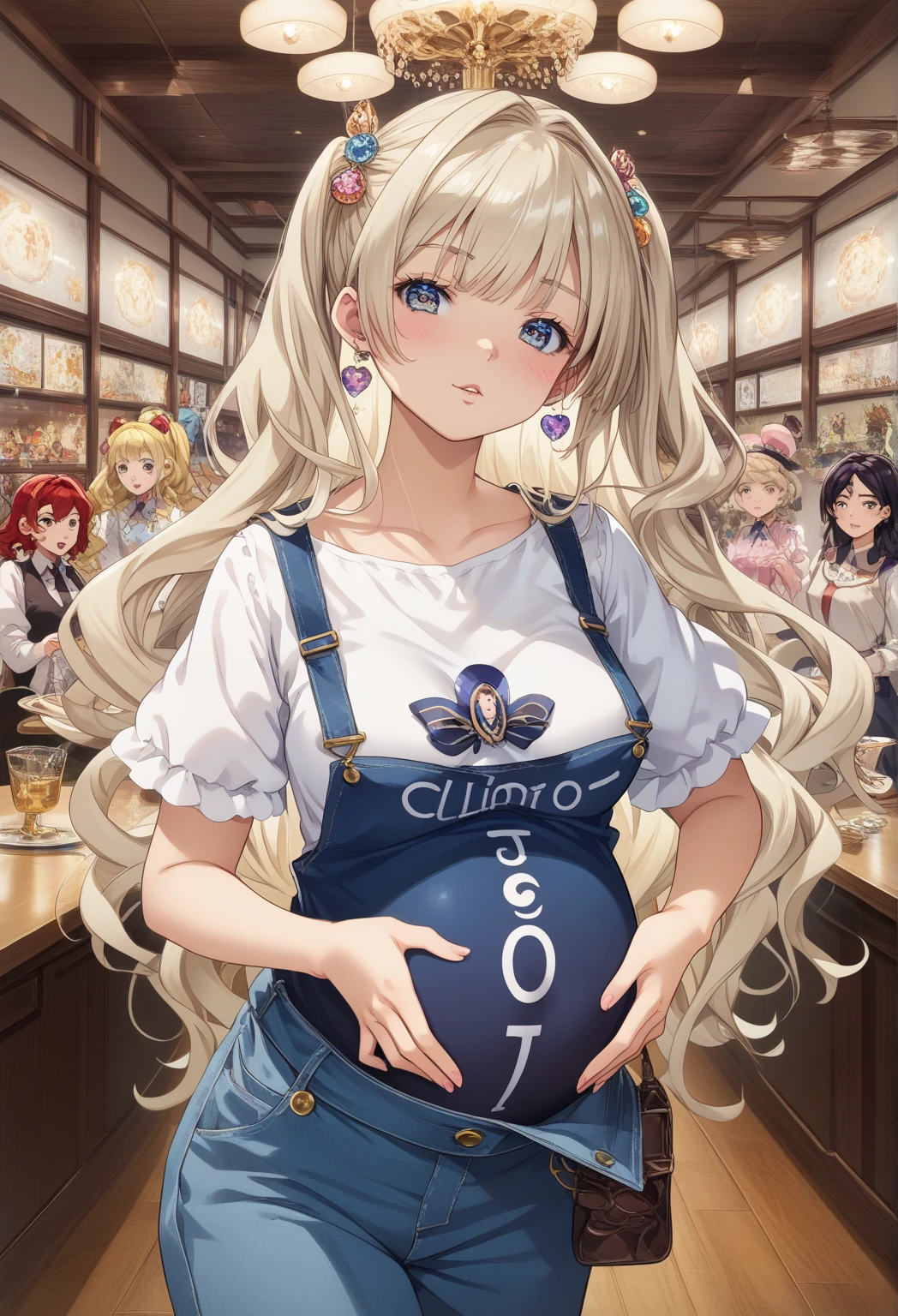 (masterpiece: 1.6, best quality), (beautiful eyes: 1.2), (Elevated), high quality, pretty face, 1 girl, Wide-angle lens, white crop top, leather shorts, oversized leather jacket, open shoulders, big , long hair, wide hips, (garden), street, background, 详细background, creepy smile, angled laughter, smokes, sunglasses，pregnant belly，pregnant belly，oni horn