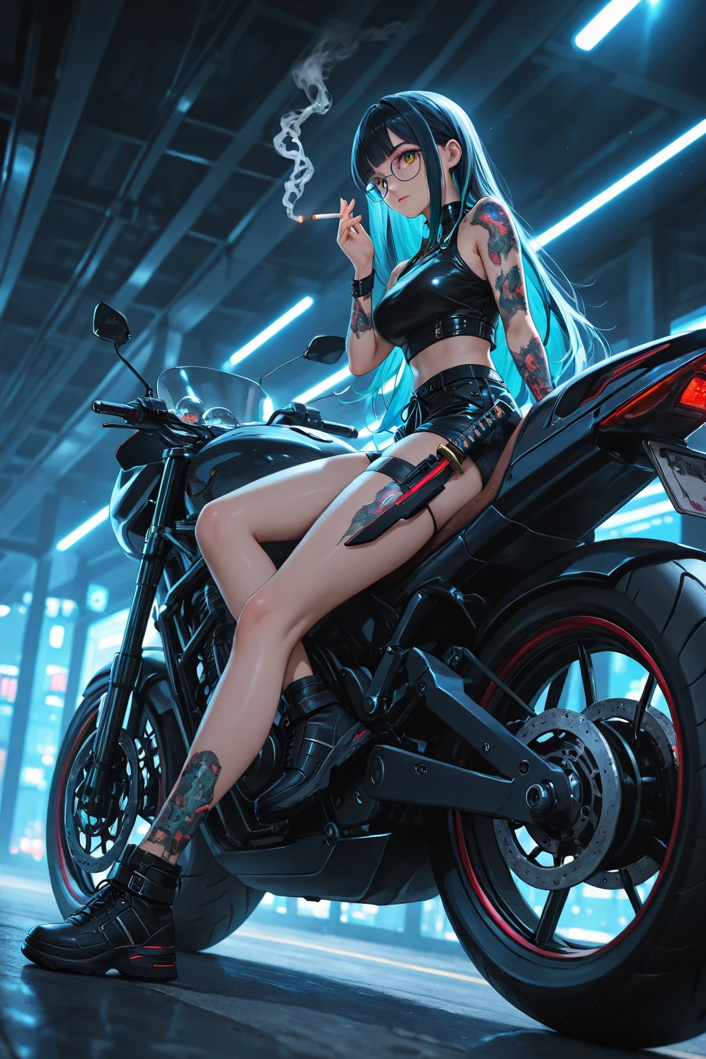 from below, low angle shot, in the heart of the cyberpunk underground streets, a young and sexy cyborg biker, with a braided Moican haircut, long luminescent green and blue hair, white skin, piercings, sexy and tight and ripped style clothes cyberpunk, green, blue, red and purple. neon lights and very dark shadows. at night, graffitied streets. She has cybernetic tattoos all over her body, sensual pose on her motorcycle, cyberpunk motorcycle. A cyberpunk 2077 style atmosphere is created, energy and neon lights, green, blue, red and purple. Good quality cybernetic eyes, face with cybernetic details, ultra detailed. masterpiece, 4k, ray tracing, full body, close-up, low angle shot, intricate details, hyperrealistic.
