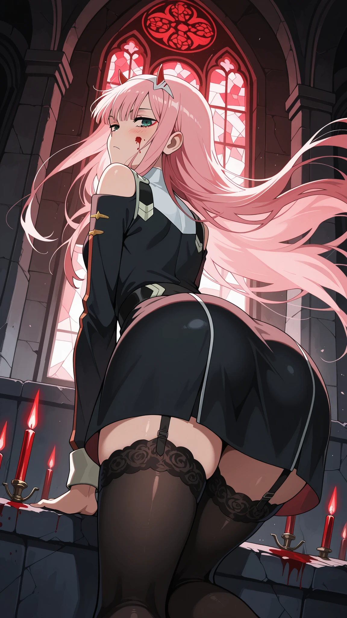 masterpiece, Highest quality,1girl,solo、moving,large breasts,official、female knight、(((White Disciplinary Committee Chairperson、Noein)))、Ahoge、Blonde、Very long hair、Wearing white military uniform、An adult woman holding a thin long sword、Epaulettes、Purple Skirt、Blue Eye、RAW Color,Clear images、dark color、tall、((Black Stockings:1.1))、(armor_highheel),whole body、Purple leg armor、Narrow eyes、Fighting monsters、(Dark Dungeon、Dark Prison) 、(Are standing、Combat Ready、Cameltoe、White lucky panties:1.1、Nipple shape from under clothes:1.1)、from the front