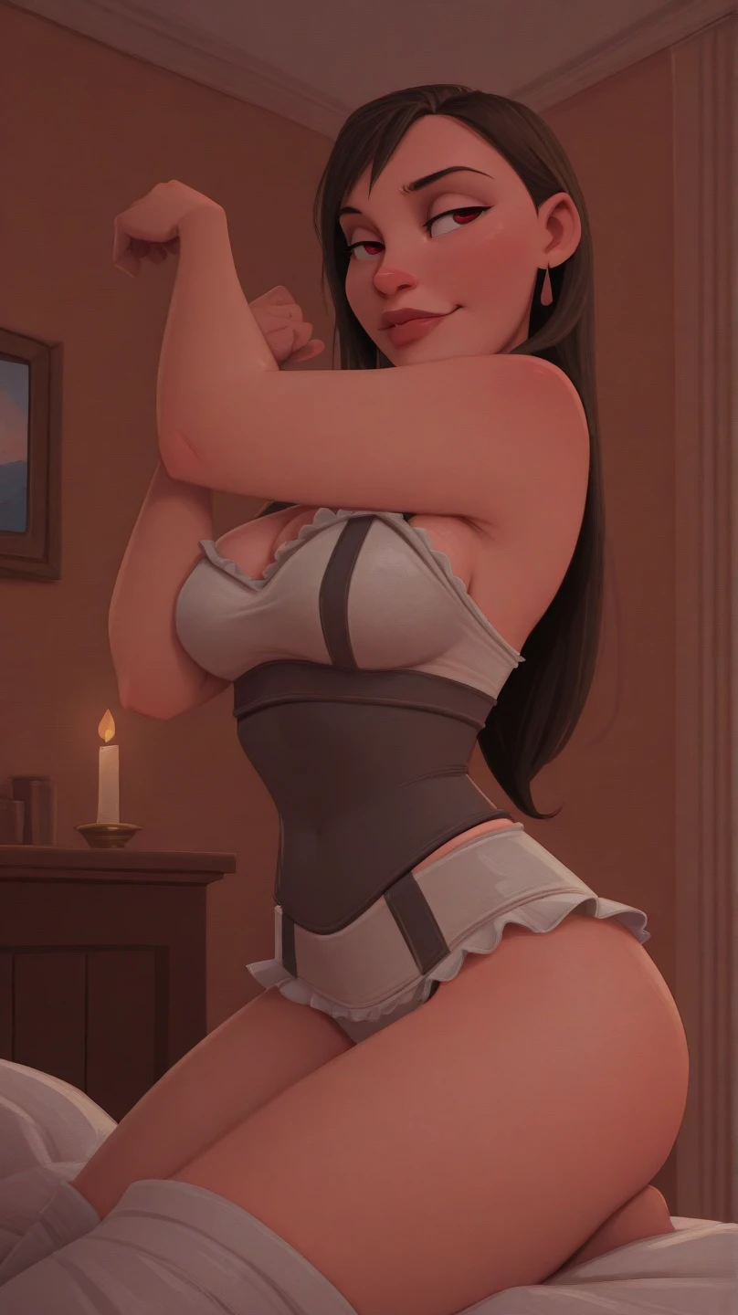 (Masterpiece), (((((dark skin))))), long black hair, indoors, (milf), ((mature woman)), curvy, black dress, sexy dress, (skindention), ass, (large ass), thick thigh, looking at veiwer, evening, (from behind), smile, lacy dress, blushing, open mouth, adjusting clothes, pelvic curtain, (((1girl))), ((solo)), sunny