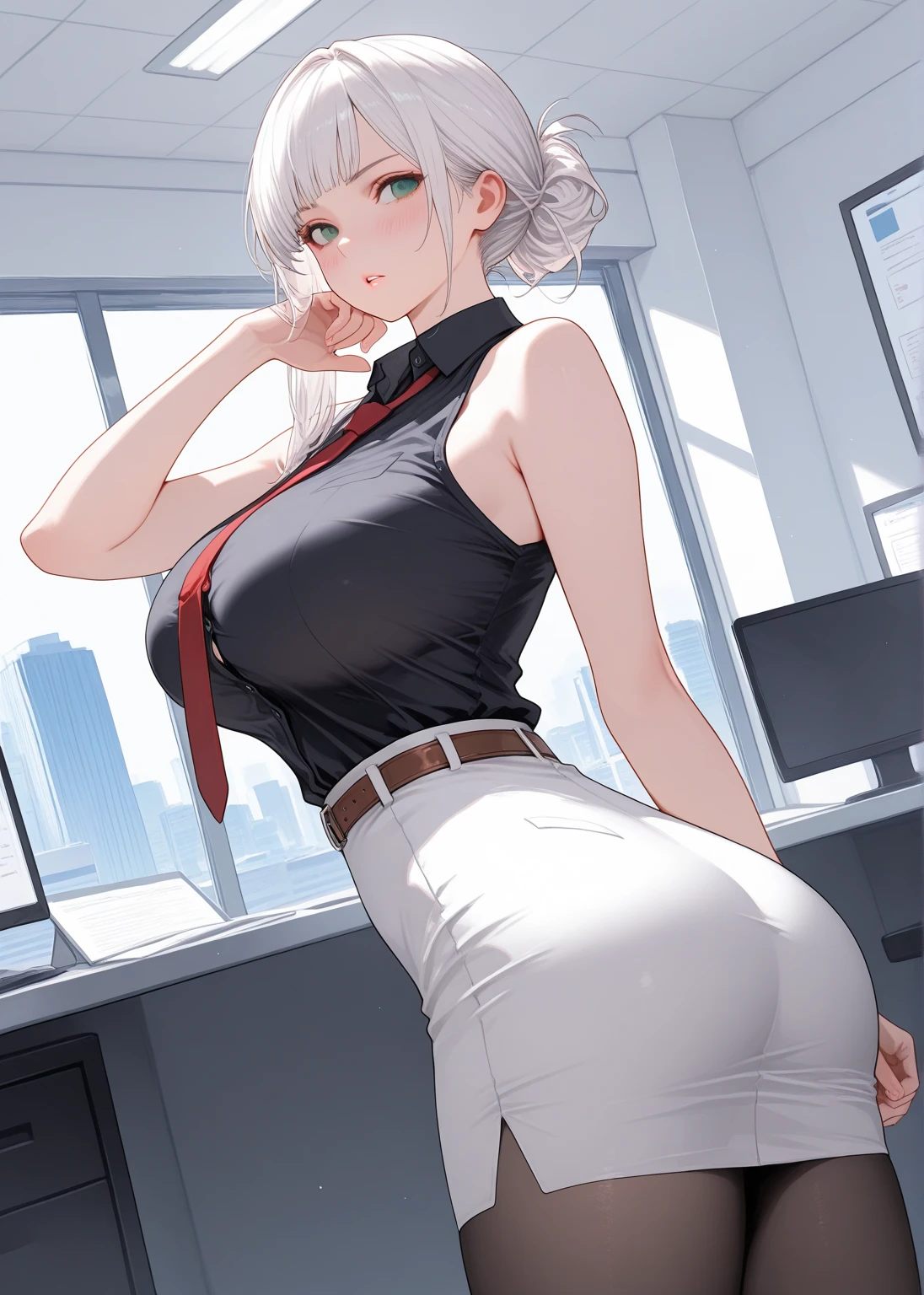 masterpiece, best quality, intricate detail, mature female, captain, large breasts, silver hair, orange eyes, narrow waist, perfect female body, sfw, detail background, building, office, night,
fantasy, sexy, standing, looking at viewer, from side, business suit, suit, skirt, pantyhose, hat,