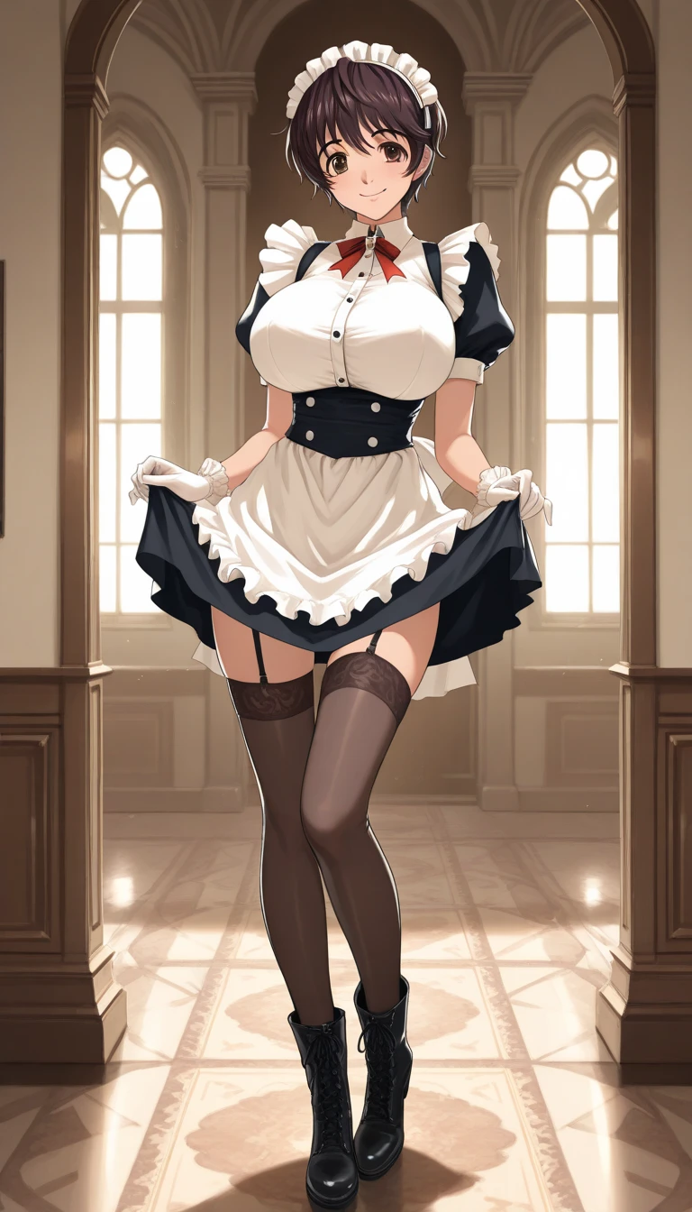 woman, ((Masterpiece, best quality)), full body view, bursting huge breasts, detailed skin, Anna from Frozen as a maid, maid clothes, clileaning the living room, highly detailed, cinematic lighting, ultra realistic, blush, looking at viewer, anna, anna from movie Frozen.