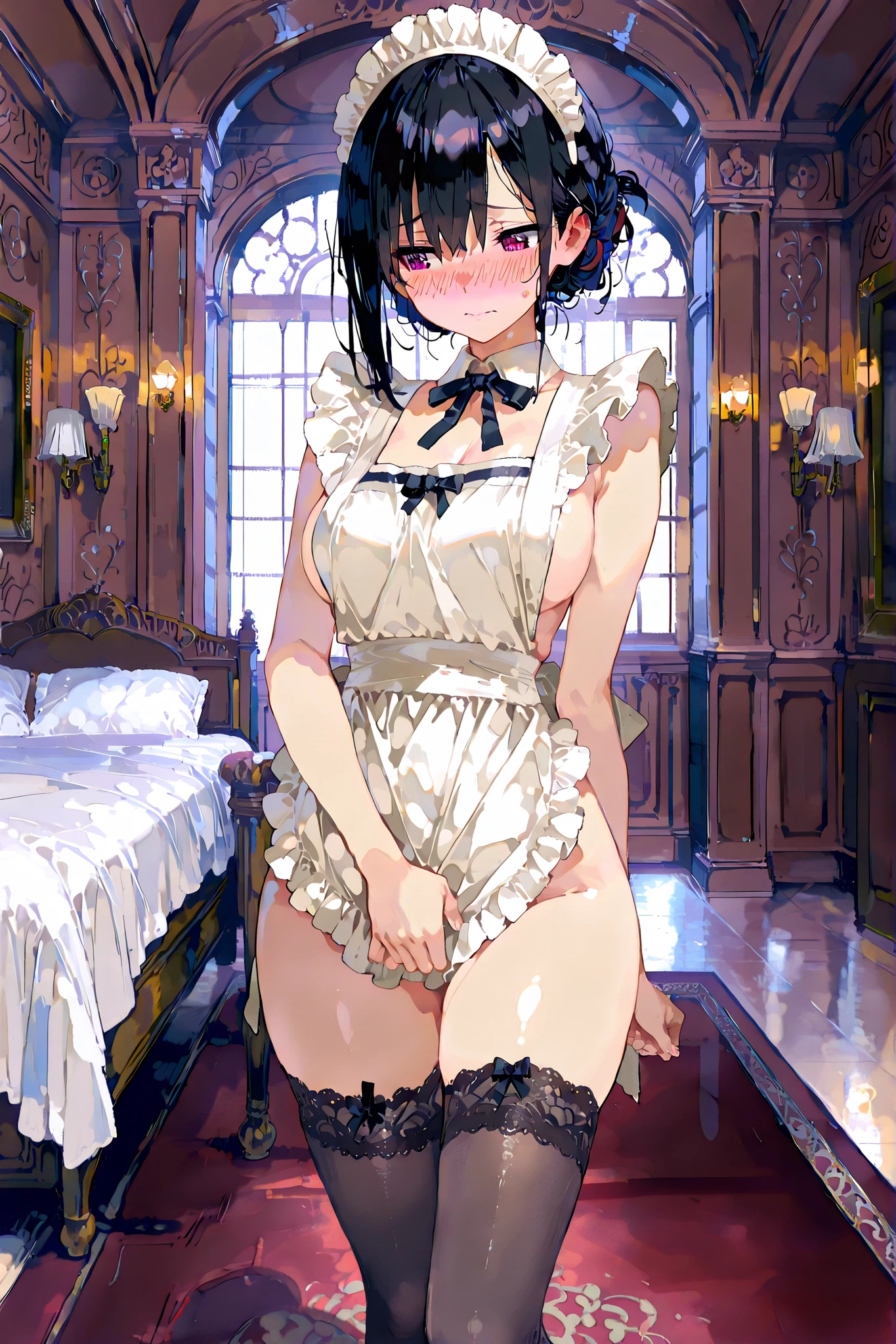 masterpiece, best quality, nsfw,
1girl, view from below,
lift up the skirt, maid clothes, white panties, white garter belt, brown hair, embarrassed face,
(wet body:1.2), bedroom, night,