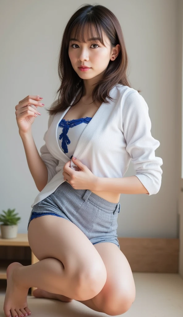 white超短裙,Student blue top(Navel costume),white(transparent:90%),Long legs,Height: 165cm,色white,School classroom,Small cherry blossom mouth,white头发,4、The five classmates were looking around.,Small breasts,Jumpy,Place your left hand on your foot,Sitting cross-legged、((Sexy Panties:1.6))