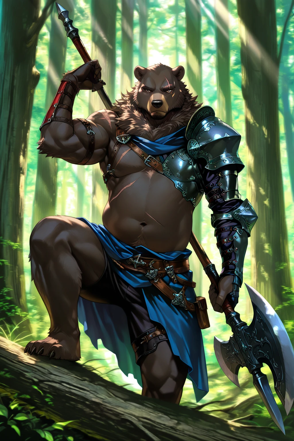 Solo Sexy anthro furry otter male; ancient barbarian forest warrior; slim mesomorph handsome model apperance apperance; boy's messy hair bangs headband; sexy toned muscules; half Anthro feet legs, sword scars; worn out rusty sexy skimpy armament. He has low on hips heavy leather studded heavy belt. he has narrow in the crotch very old worn out jockstrap (smelly jockstrap fetish); His jockstrap it is made of old white linen material sewn together from a few pieces, it has never been washed, it is dirty and has stains from secretions of dried semen and sweat; His armor is old heavy brown harness with armlets studded with spikes; he has old brown leather BFR Bands on Biceps and his thighs, he has old worn out fingerless leather gloves. Even though he is a handsome and sexy young man, he has a sloppy appearance, has disheveled unwashed dirty fur, dirty body look. He stands proudly bravely with one foot on a higher stone in the swampy sunny forest; he has a proud,

