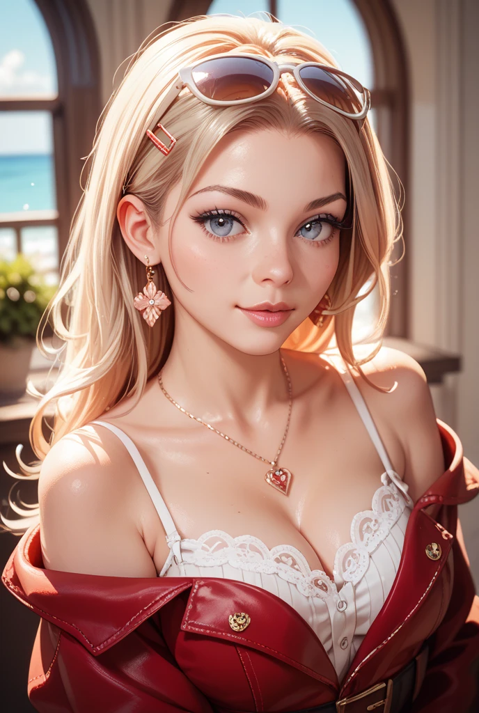 (Girl in a semi-transparent one-shoulder white miniskirt dress), (フォトRealistic:1.4), (ハイパーRealistic:1.4), (Realistic:1.3), (Smooth lighting:1.05), (Cinematic Lighting Quality Improvements:0.9),. 32K, 1 Girl,20 year old girl, Realistic lighting, Backlight, Face light, Ray tracing, (Brightening light:1. 2), (Image quality improvement:1.4), (Highest quality realistic textured skin:1. 4),(Big Blue Eyes), Detailed drawn eyes、Detailed painted face、Fine textured eyes、(tired、sleepy、satisfaction:0.0)、A shirt that shows off a lot of cleavage、(Accentuates the body line:1.1)、(Beautiful textured skin:1.1)、(Red petals are flying)、（Black lace panties are visible)、Slim long legs、