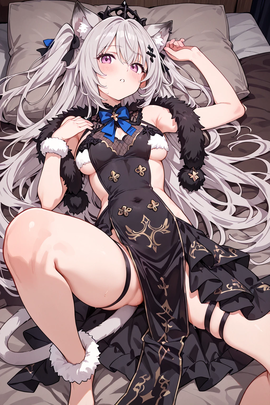 NSFW,masterpiece,Highest quality,High resolution,Super detailed,Shishirabotan\(Hololive\),Long Hair、Two Side Up、Earrings、Lion's Tail,necklace、Black Shirt、Sleeveless shirt、abdomen、See-through、Grey Skirt、片足pantyhose、pantyhose、fur-trimmed jacket、Black jacket、Off the shoulder,Black sexy panties,Embarrassed,blush,Luxurious Room,pub,Private room,sofa,(Drunk),(Intoxication),heart,Sexy pose,Panty shot,(Middle-aged men),(A man puts his hands on her waist and hugs her),to kiss