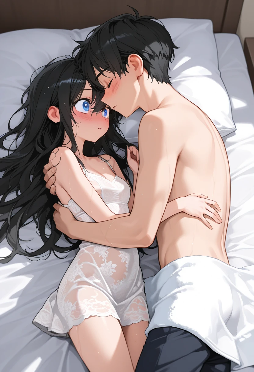 (a woman and a man: 1.5), sharing a bed, early in the morning, under the covers, expression joyful,