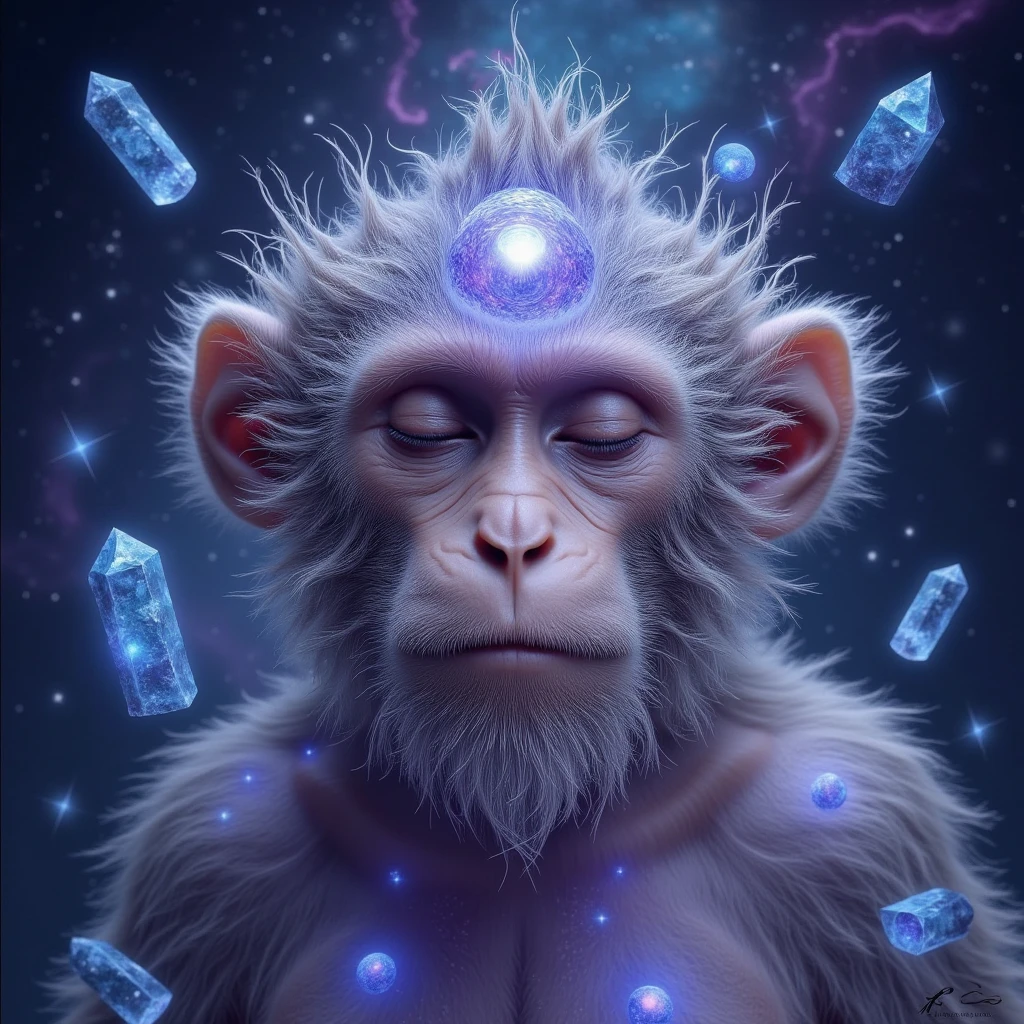 a muscular monkey with super long white hair holding a multiverse sphere in his hand
