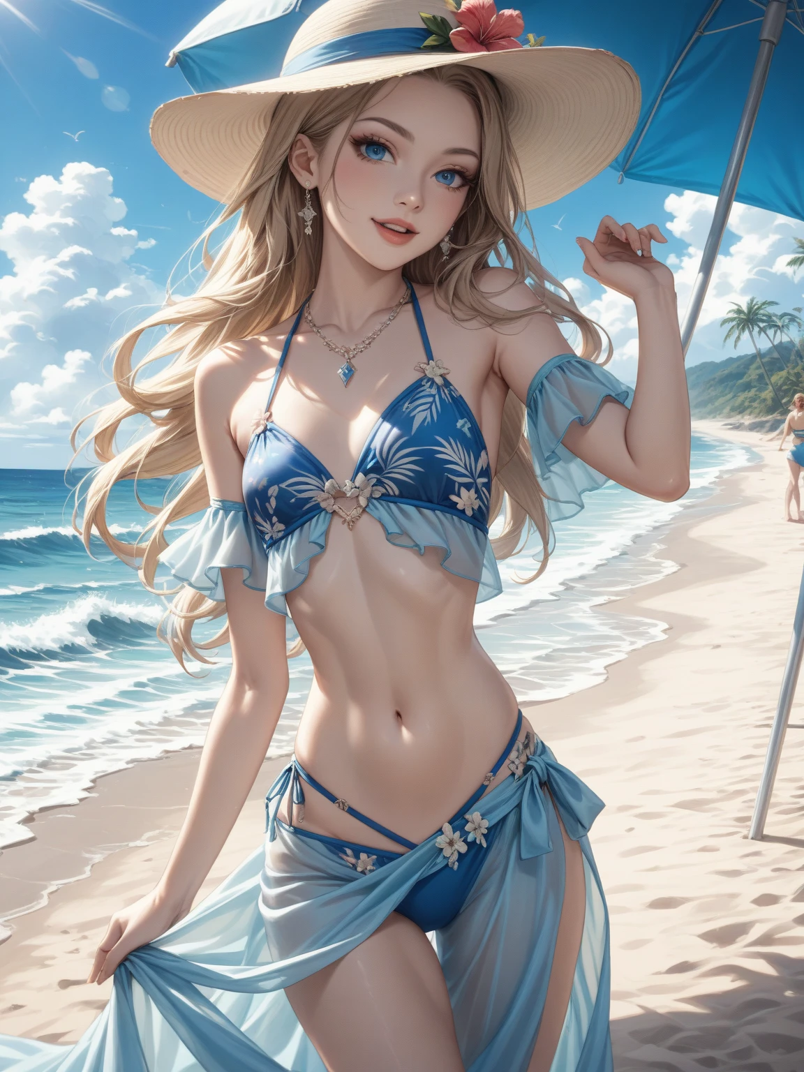 masterpiece, best quality, ultra-detailed, illustration, 1girl, (cowboy shot:1.4), (looking at viewer:1.4), (micro bikini:1.4), beautiful detailed eyes, beautiful detailed glow, lots of glow, seascape, beach, sand, (tamaki kotatsu), orange eyes,