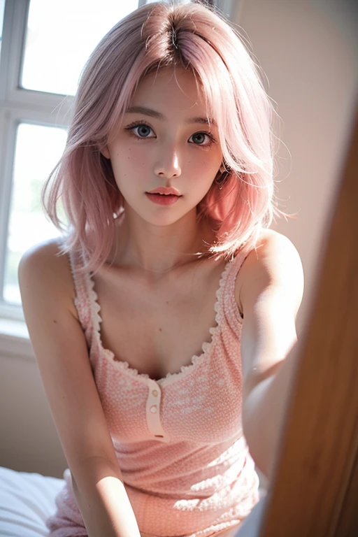 a girl, white skin, young, long pink hair, messy hair, thin arms, small mouth, small nose, small breasts, pink skirt, transparent lace crop top, heart-shaped necklace, small blue eyes, blush, smile embarrassed, realistic view, shy, sitting in a room on the bed, good lighting, European origin, lots of details on face and clothes