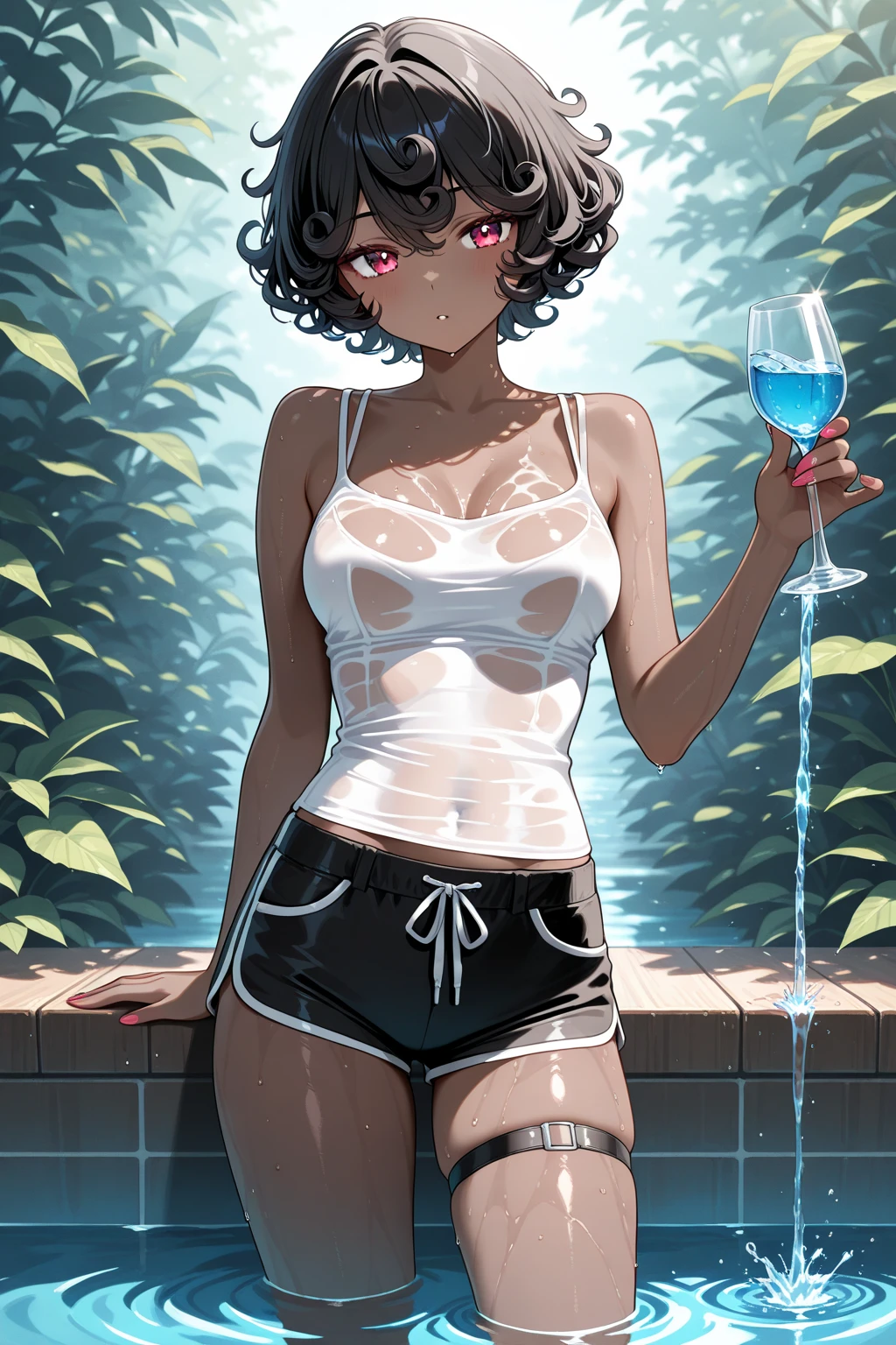 (anime style),masterpiece, best quality, extremely detailed,18Year old,tanned skin,dark skin, Beautiful body,middle breasts,BREAK,multicolored colorful black hair,short hair,hair slicked back,for head,BREAK,black eyes,best smile,open mouth,mouth on water,detailed lips,BREAK,cotton black big ribbon,BREAK,nun uniform,black_bikini,off shoulder,navel,break,head tilt,in the park,dripping,Drinking fountains,huging2girl,from behind