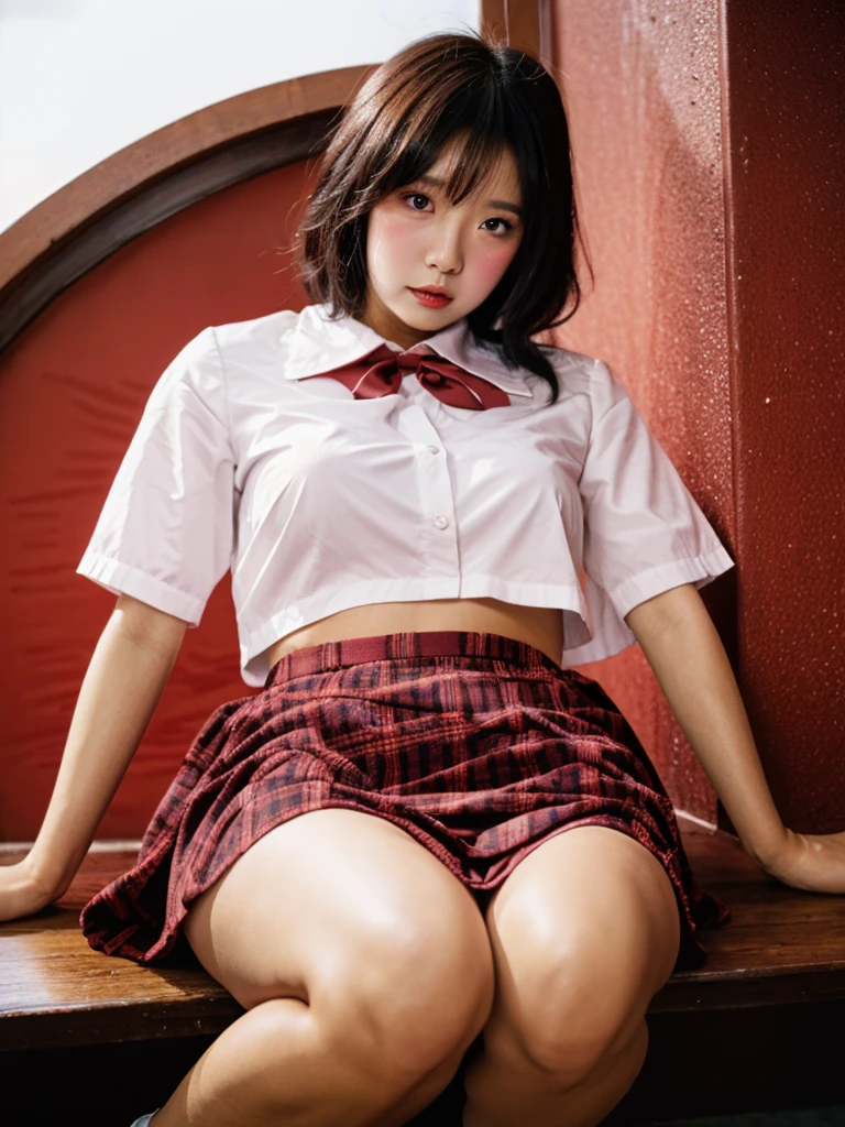 Make Sakura, Japanese girl, 19yearsold, in the same position wearing the same clothes, in an identical scenario, Bblack hair