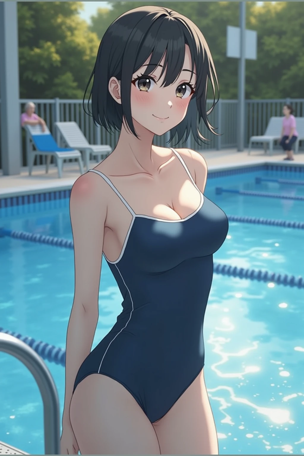 ((1 girl)), masterpiece, Highest quality, 8k, Young and beautiful girl, Baby Face、The clothes are big 、Morphologically correct、 (Round face), Cute Face, Thighs, Poolside、smile、 Compensate, 10 generations, Detailed face, Background Blur、((((((high school girl))))))、(((School Swimsuit)))、navy School Swimsuit, ((Wet swimsuit)), ((Tight swimsuit)), Close-fitting clothes, Written boundary depth, Tight waist、 ((Big Breasts))、(((High leg swimsuit:1.2)))、Underarm, , (Black Hair)、(Short Bob)