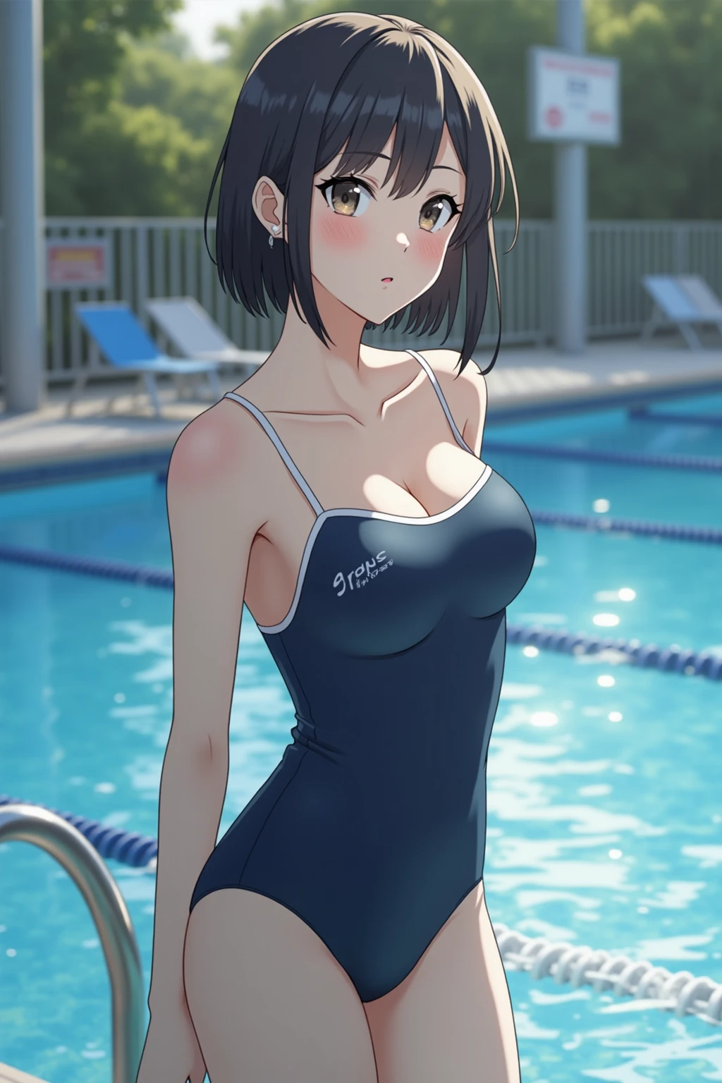 Looking into the camera,28 years old,Swimming Instructor、1 female,Black hair pixie cut、(She is wearing a red swimsuit..)(Sit backwards in a chair)(Please spread your legs wide)(Very large breasts)(Turn your butt towards the viewer),(I&#39;When I sweat, Clothes are see-through)(Obscene pose)(Big Breasts)(Accentuate your cleavage)(Toned body)(Short black pixie hair),(Best image quality, (8K), Ultra-realistic, 最high quality, high quality, High resolution, high qualityの質感, Attention to detail, Beautiful details, Fine details, Extremely detailed CG, Detailed Texture, Realistic facial expressions, masterpiece, in front),(((Strictly adhere to the configuration on the back)))　(((Photograph the whole body)))(((Back view of a person sitting upside down on a chair)))(((Accentuate your butt)))