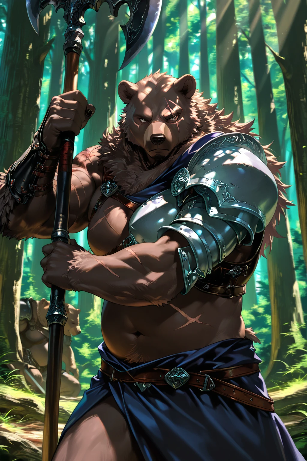 Full Body Zombie Anime, animesque, standing on the grass, Bear warrior with sword in the forest, Muscular woman, very beautiful face, Only one man, Fashionable、Horrible zombies、Soft touch, animations,Bear headdress, Fluffy bear zombie fur costume、Fashionable anime, Fluffy realistic touch style, Muscular cute hero --auto