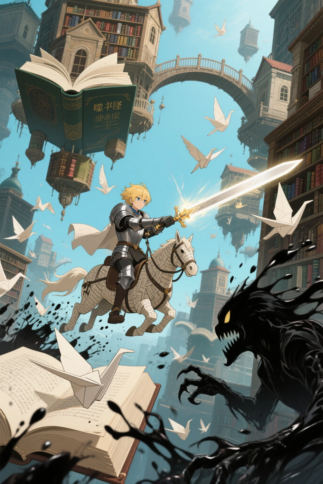 A two-dimensional fantasy animation style，A giant library group suspended in the air，Each book is an independent floating building，Book pages unfold into a bridge，turning text into a flying paper bird；The Golden Knight wears armor woven from book pages，rides a paper crane mount between bookstores，and suddenly encounters a “book eater” with ink condensed in ink，The knight drew his sword（A glowing bookmark）Slash，A group of paper birds join forces to attack，Add the sound of pages turning、Ink splashes、Metal collision sound effects，24 frames / seconds ，1080P