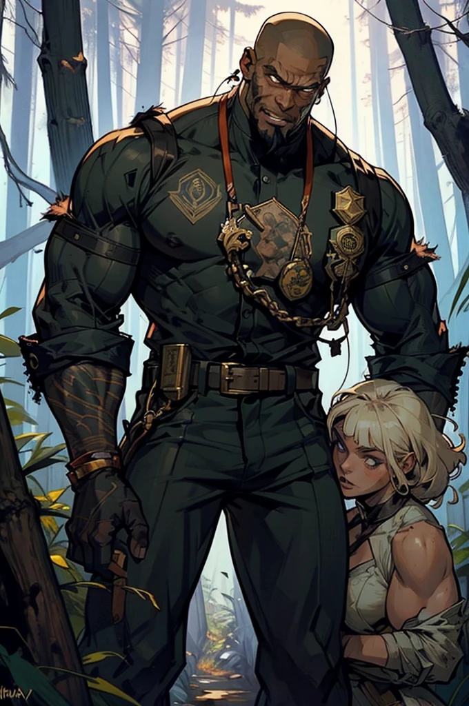 A muscular rebellious and wild black male werewolf monster (afro) bald and bearded man side by side with a beautiful exuberant and perfect young white woman, blonde haired ariana, very long detective, Policerman, investigator in uniform and armed traveling through a forest at night running courageously together facing the shadow monsters in an incredible hunt against the dangerous monster Wendigo